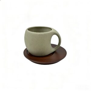 Nordic Minimalist Speckled Ceramic Mug with Wooden Saucer | Handmade Stoneware Coffee Cup Set