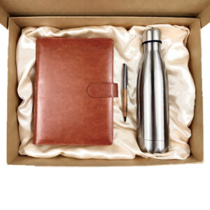 Custom New Hire Onboarding Gift Set – Premium Leather Notebook, Wooden Pen & Insulated Bottle