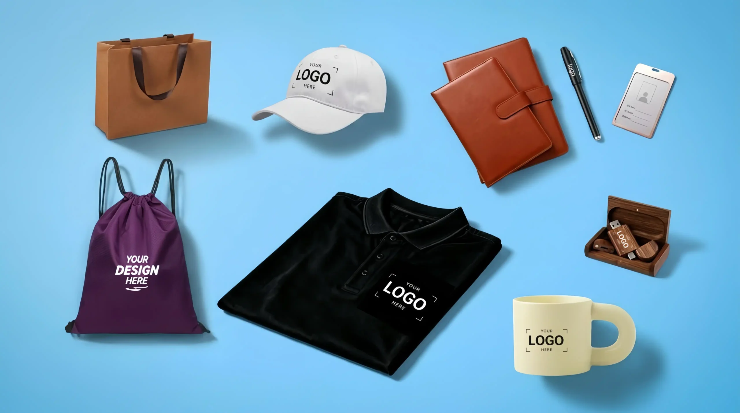Custom branded merchandise collection featuring logo-printed bags, apparel, office supplies, and corporate gifts on blue background