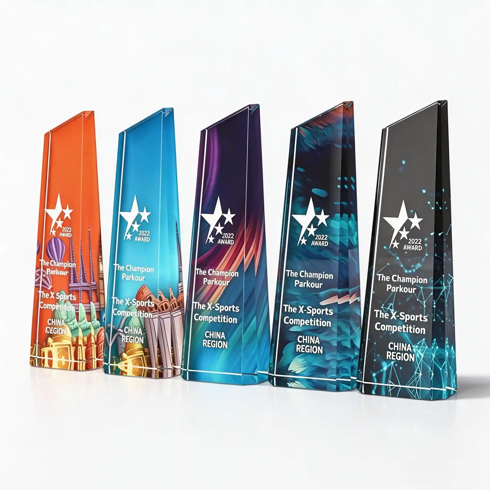 Custom colorful crystal sports trophies with star design, wholesale personalized championship awards for parkour and extreme sports competitions bulk orders
