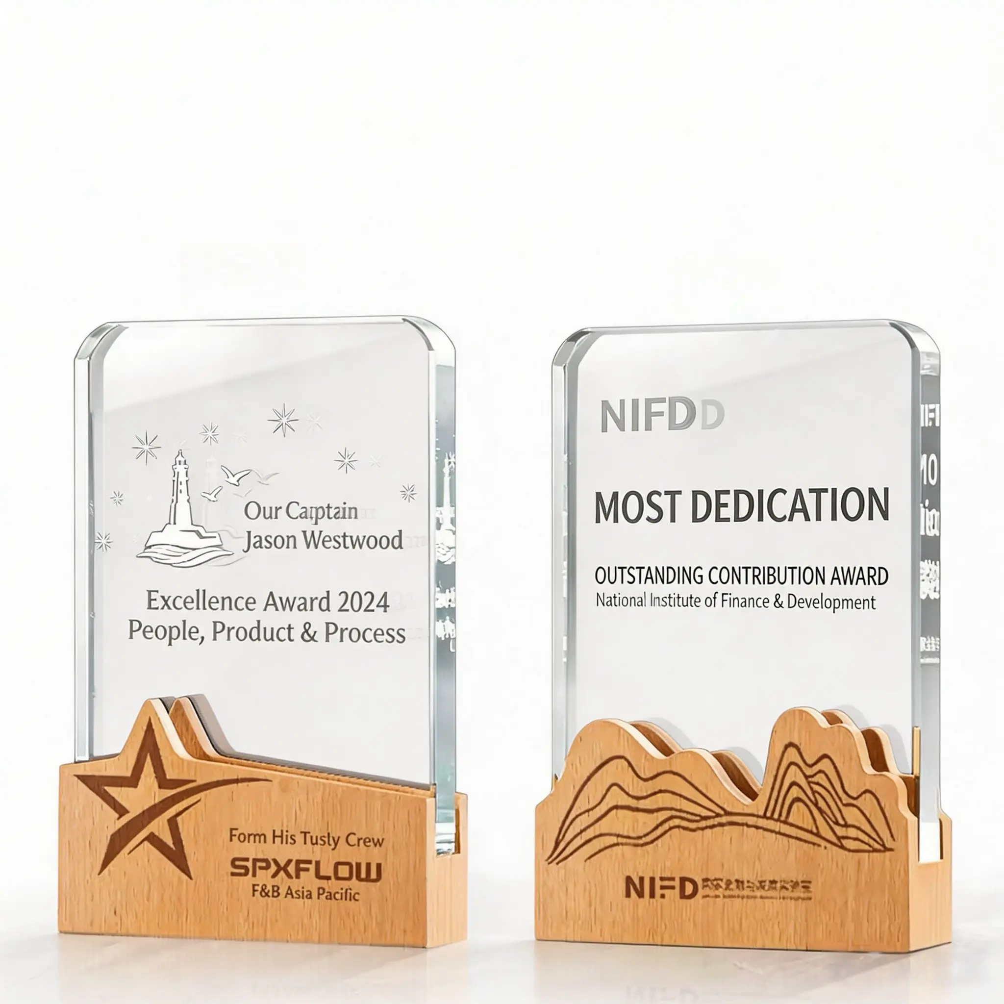 Custom crystal trophies with wood bases featuring engraved dedication and excellence awards, wholesale personalized recognition plaques for corporate and team appreciation bulk orders