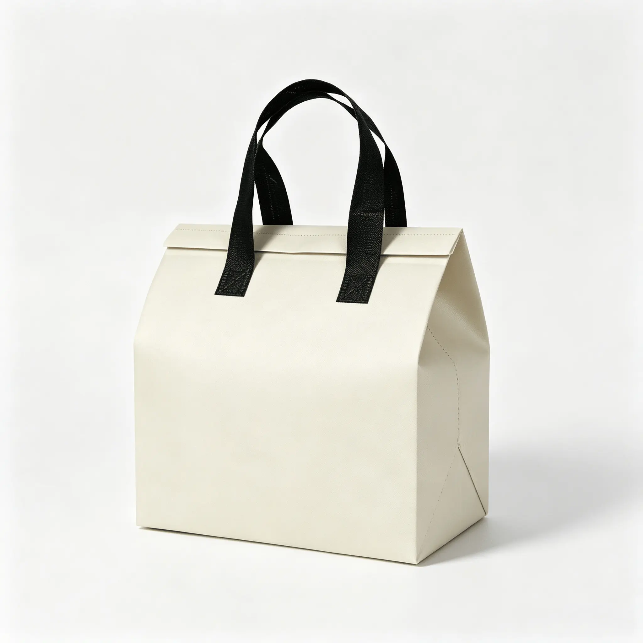 beige custom non woven insulated food delivery bag with black reinforced handles front view thermal takeout tote for restaurant bulk order