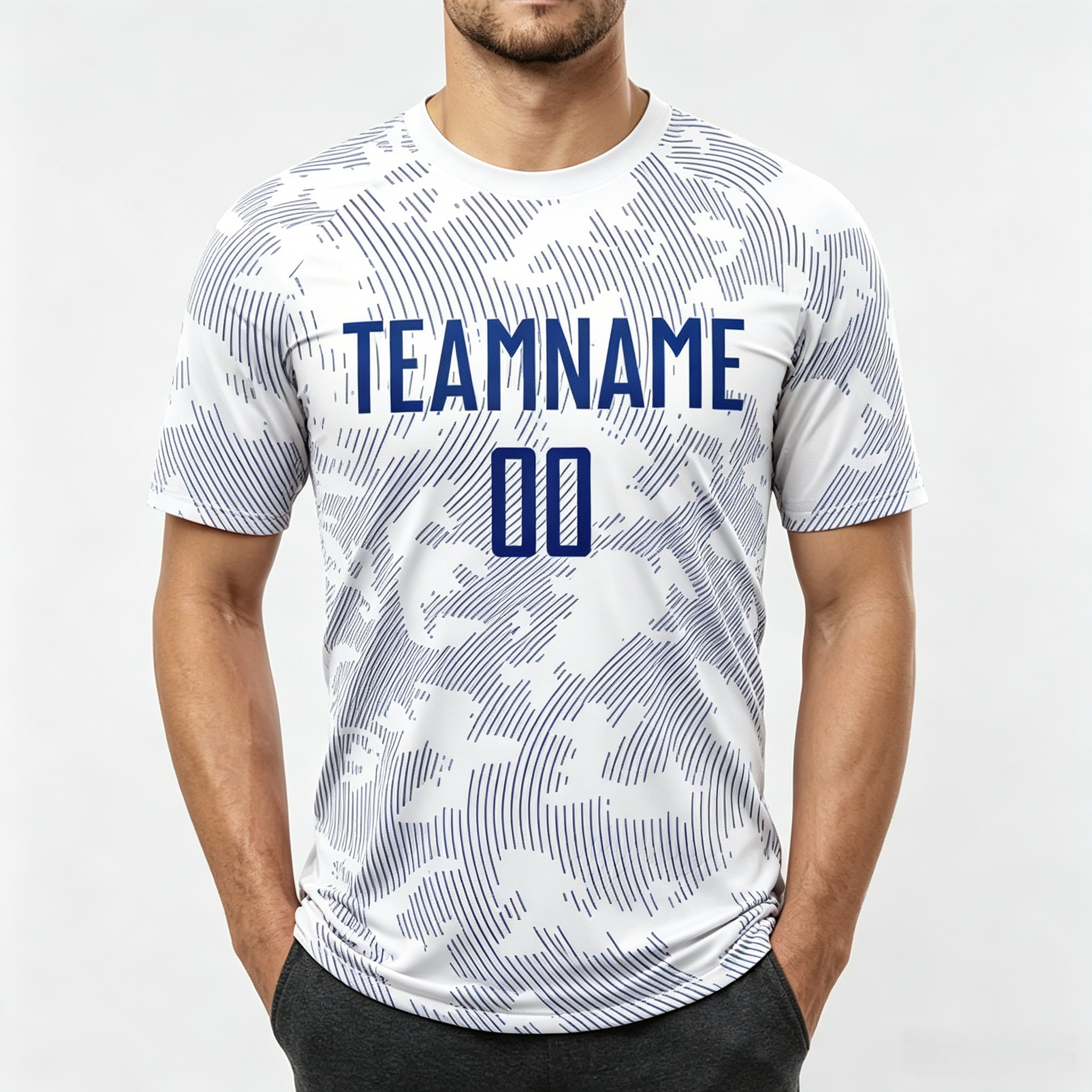 Custom sublimation team jersey white camouflage lines pattern front view with personalized TEAMNAME and number 00, athletic sportswear wholesale bulk