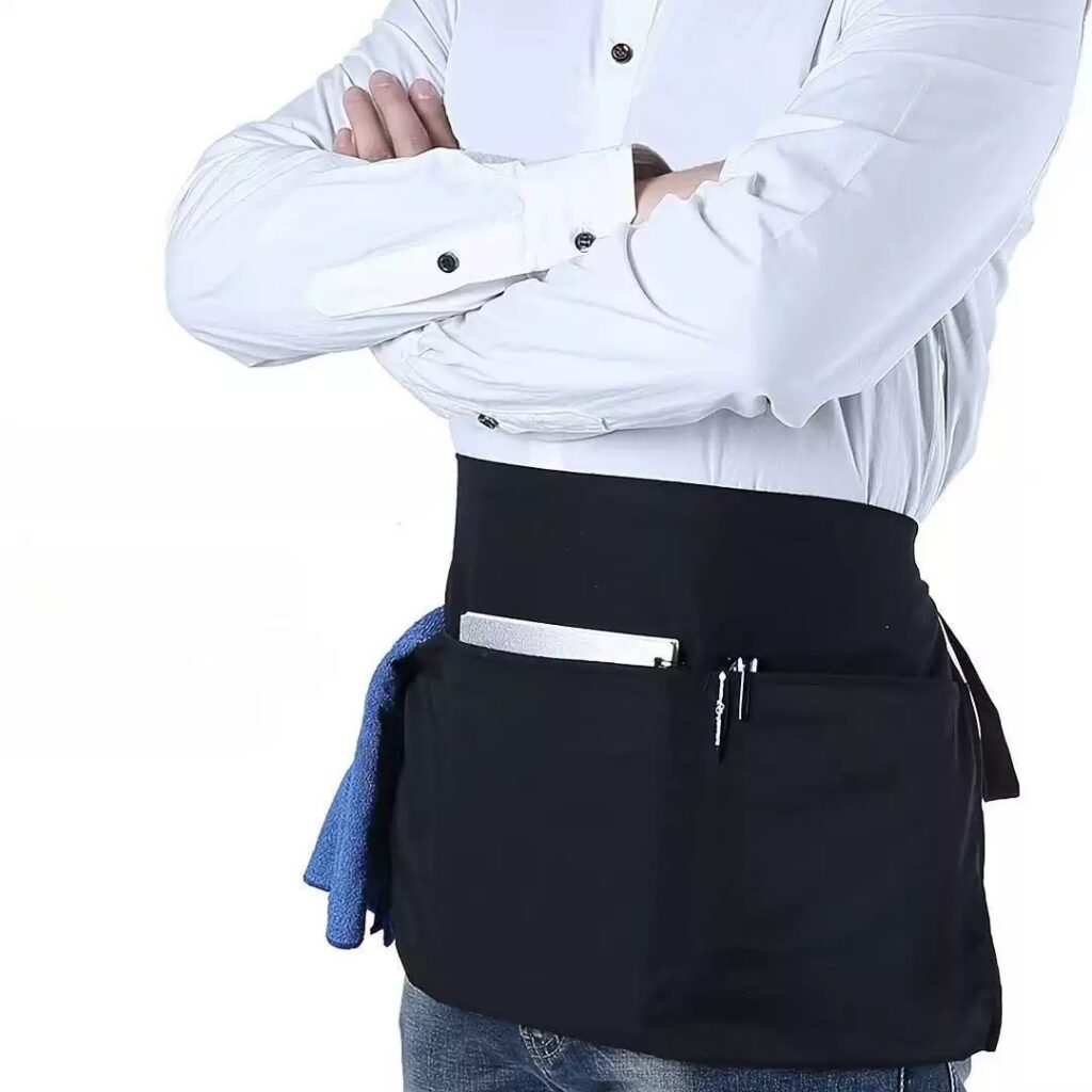black custom waist server apron with multi pockets for phone notebook towel restaurant staff uniform mockup
