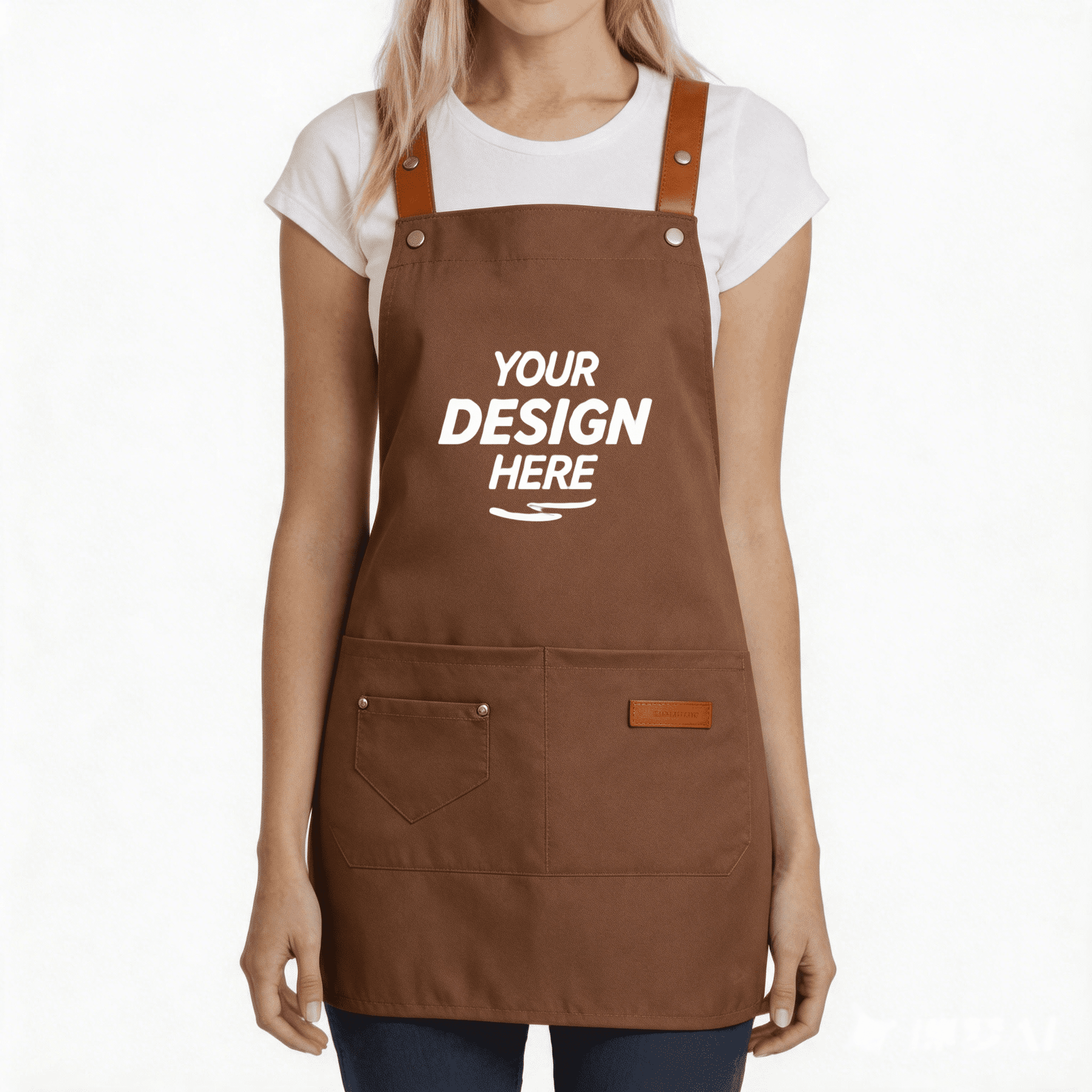 light khaki full bib apron with faux leather shoulder straps custom design template for restaurant staff