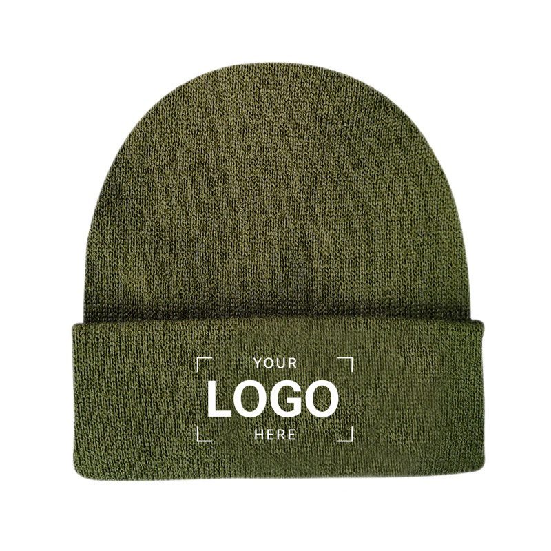 Custom olive green knit beanie with personalized logo embroidery area, wholesale promotional winter hats for corporate branding and bulk team gifts