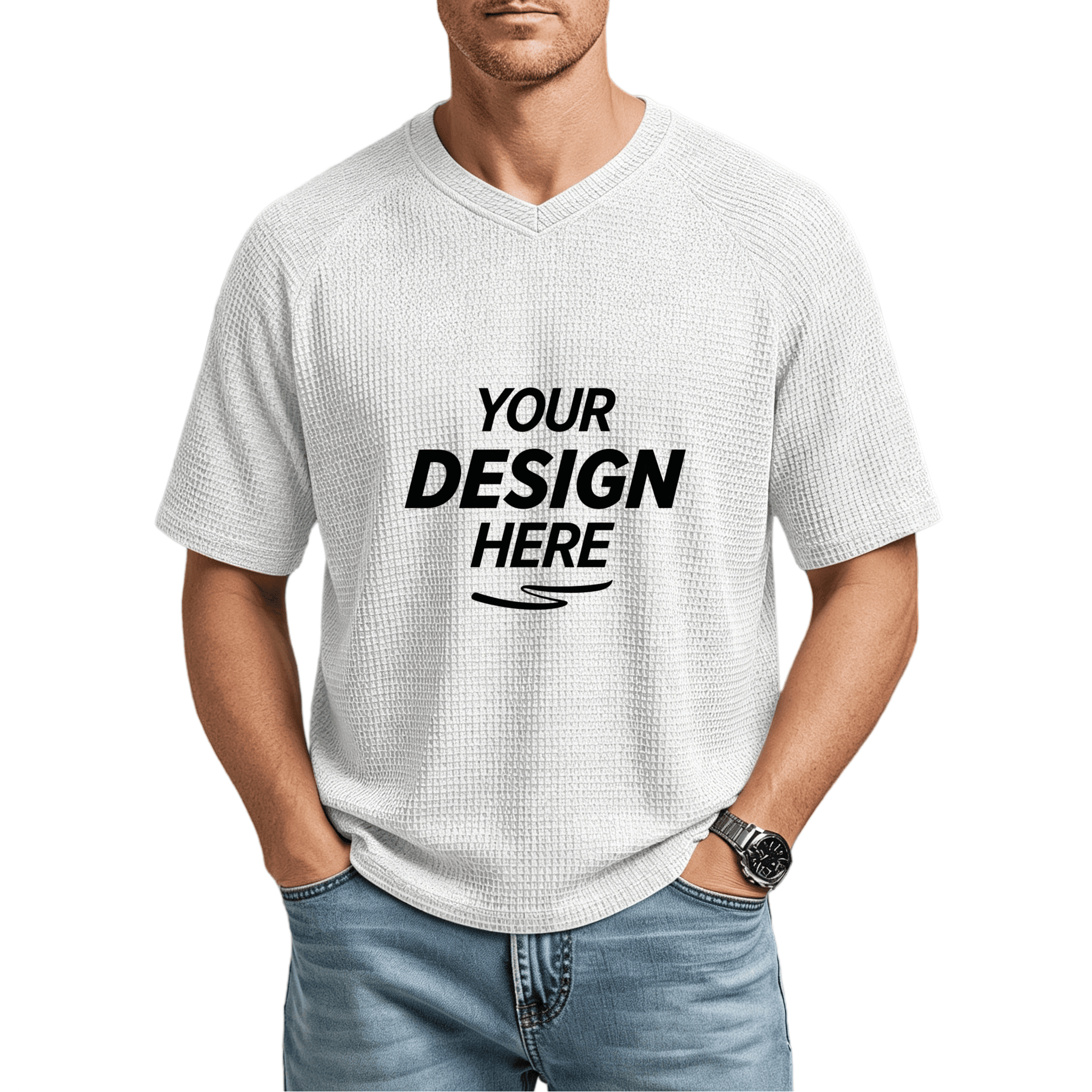 Custom waffle knit v neck t shirt for men, front view with customizable print area, Custom Promotional Gifts, Wholesale Accessories, Factory Direct Sourcing