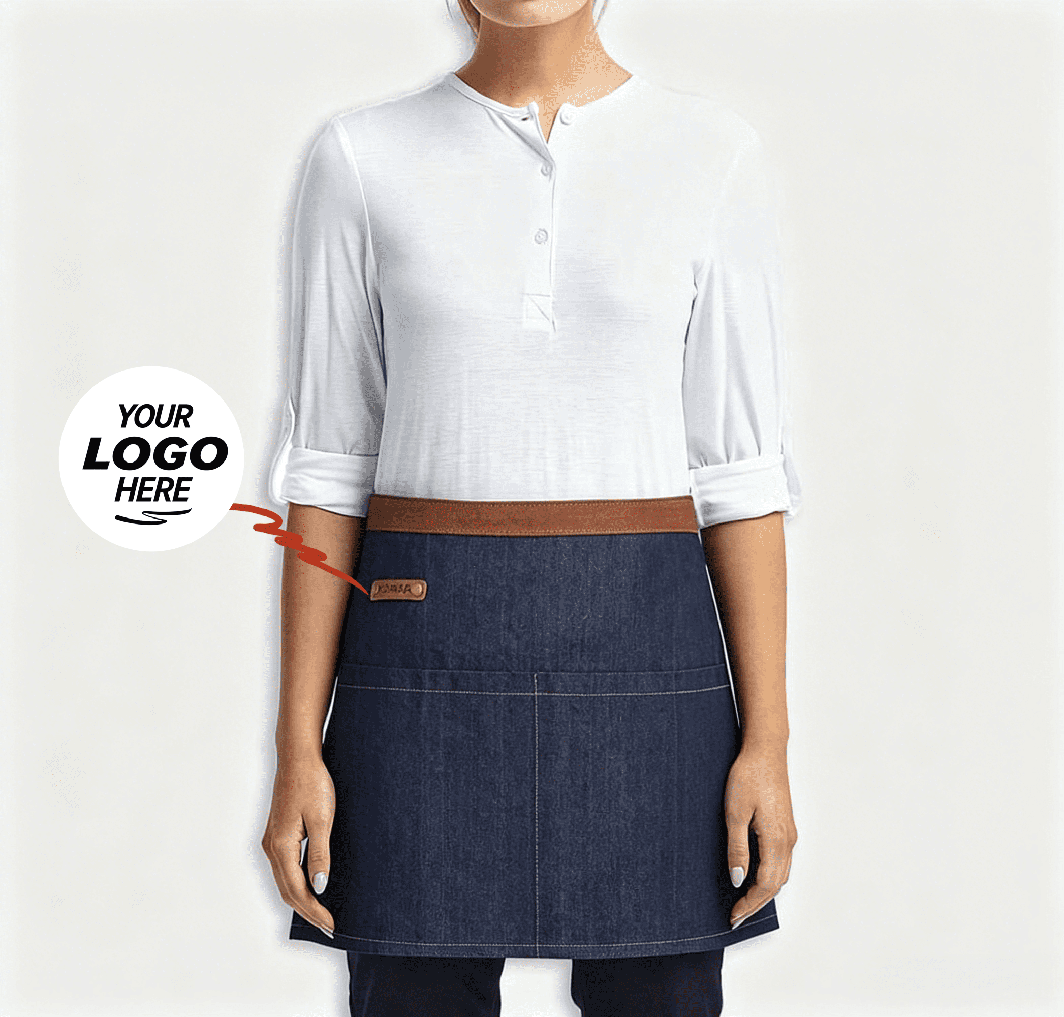 Custom dark navy apron with white long-sleeve shirt uniform set, wholesale promotional hospitality workwear with logo embroidery for bulk restaurant and cafe staff
