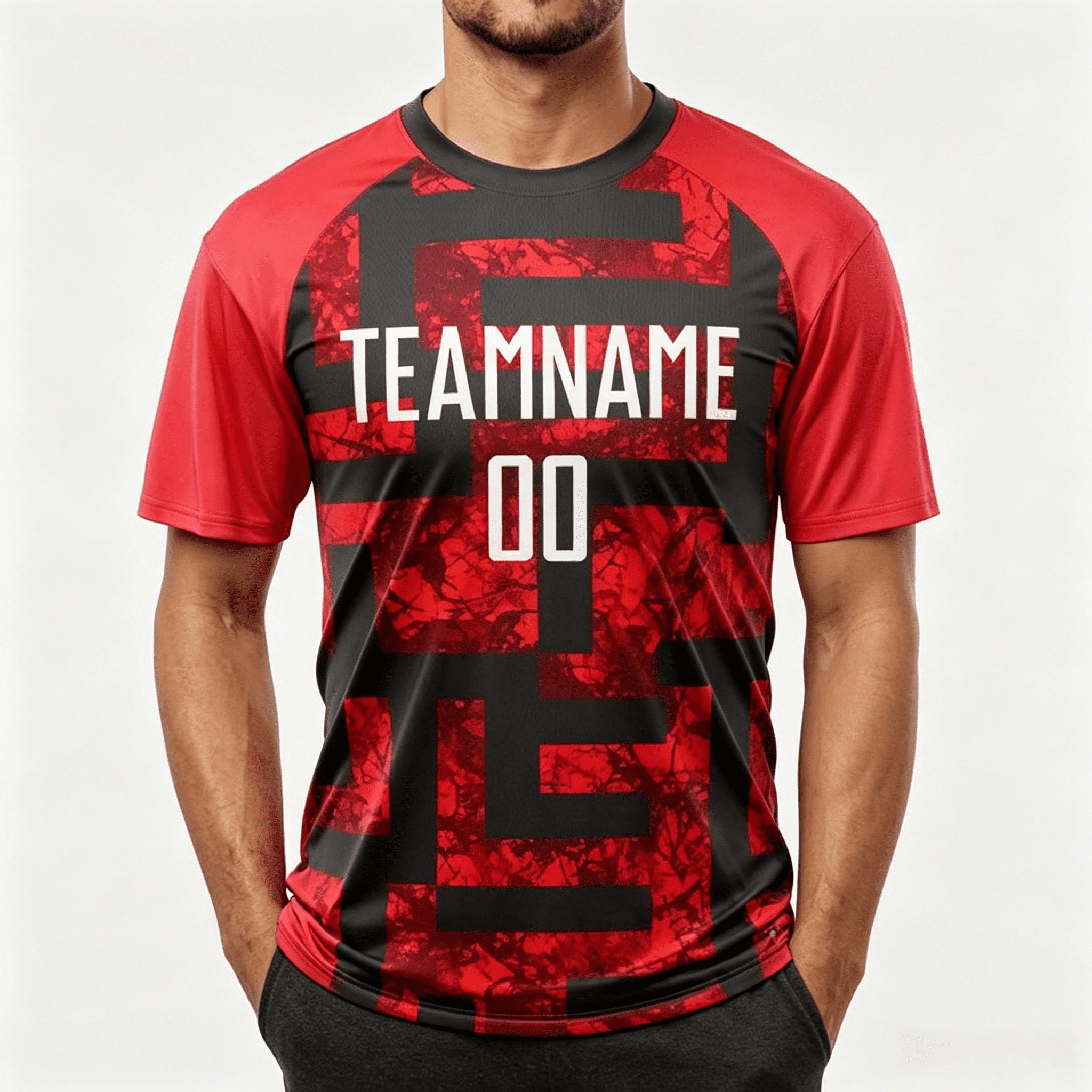 Custom sublimation printed team jersey red black camouflage pattern front view with personalized TEAMNAME and number 00, athletic sportswear for wholesale bulk orders