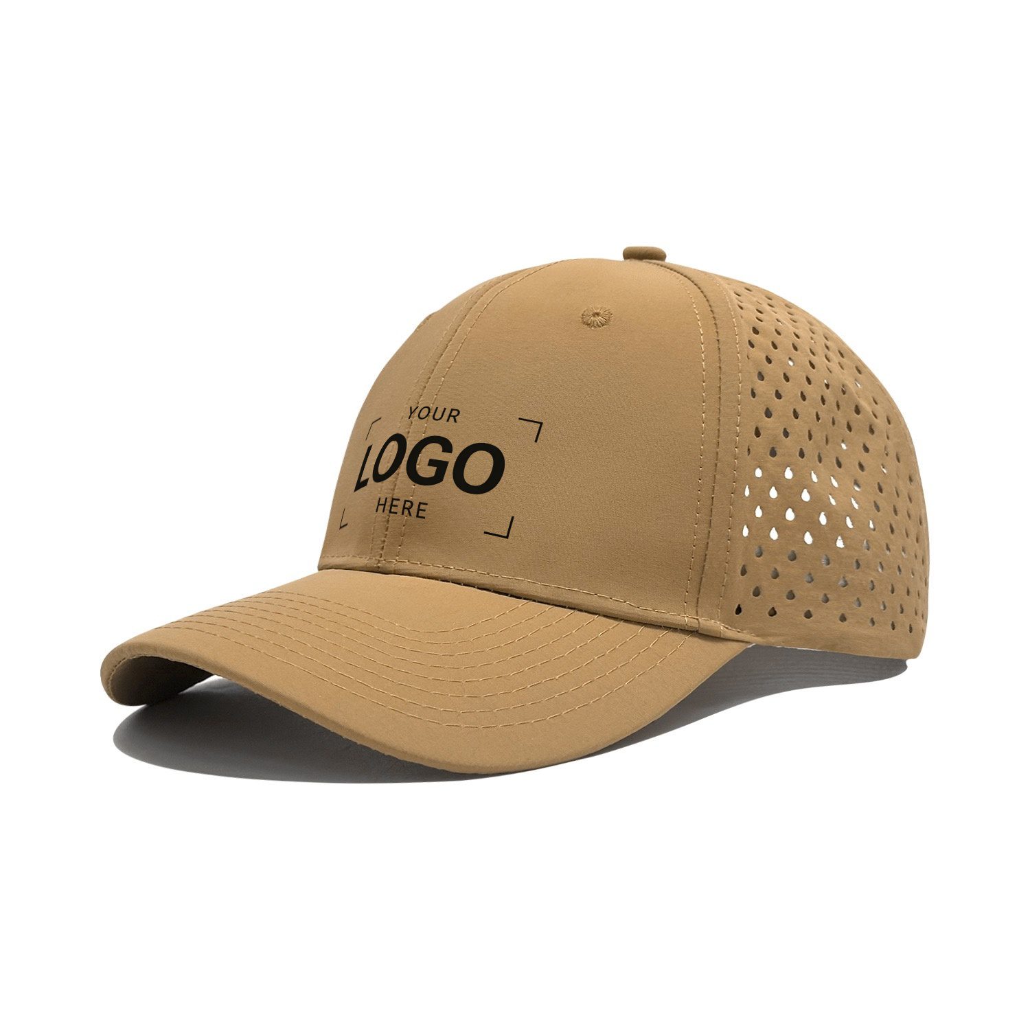 Custom khaki baseball cap with laser perforated ventilation holes and logo embroidery area, wholesale breathable promotional headwear for bulk orders