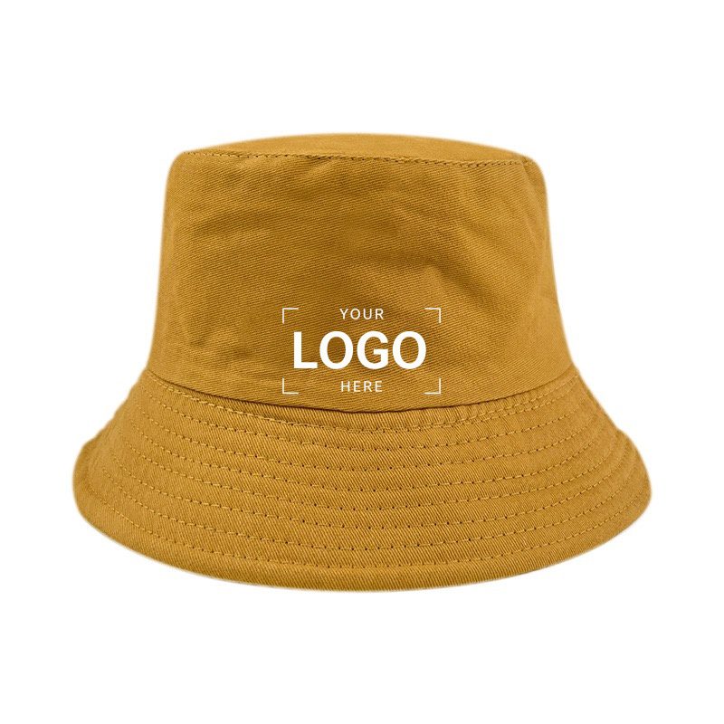 Custom ginger yellow bucket hat with personalized logo embroidery area, wholesale promotional summer headwear for outdoor events and bulk corporate branding