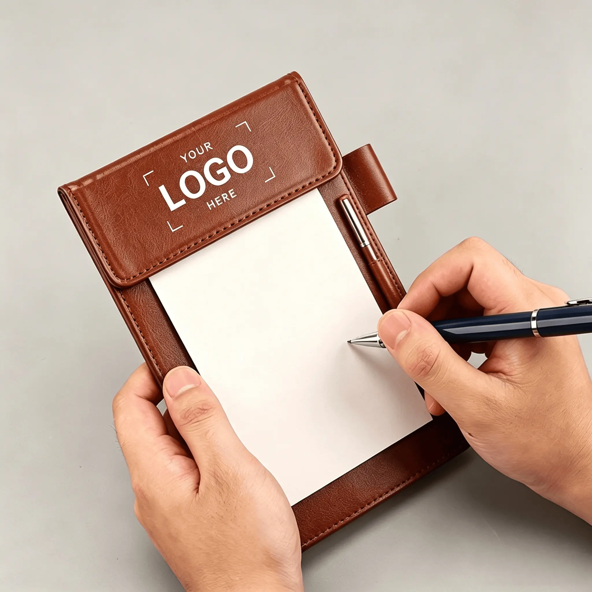 Wholesale brown faux leather mini writing clipboard with pen loop, custom logo memo pad for factory production line office