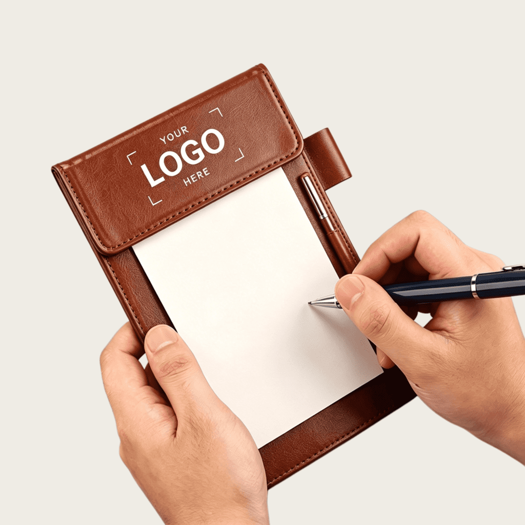 Brown faux leather mini writing clipboard with pen loop, blank memo pad inside customizable logo area, business pocket notepad hand writing shot for corporate gift
