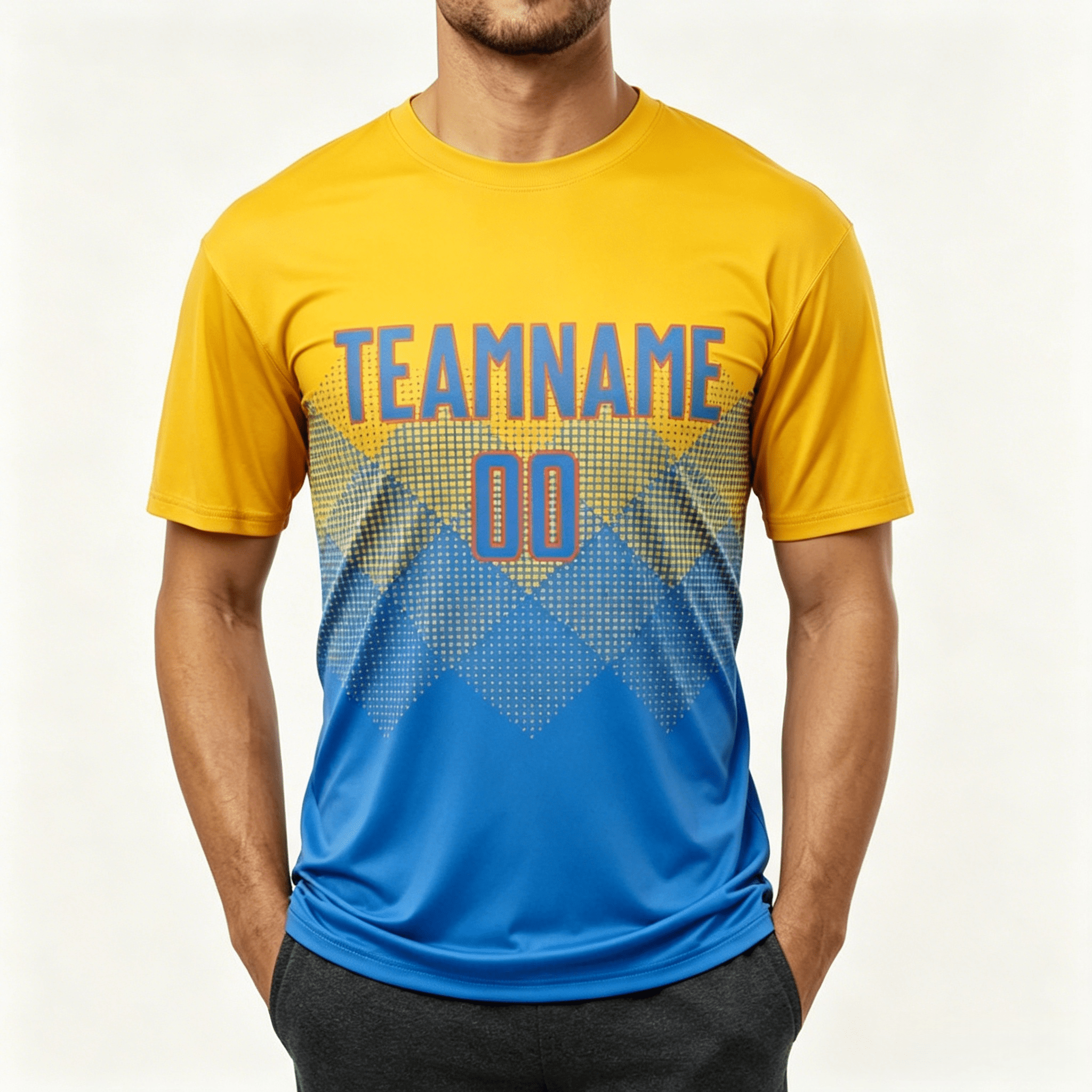 Custom sublimation printed team jersey with yellow and blue gradient design, personalized team name and number 00, short sleeve athletic sportswear for wholesale and bulk orders