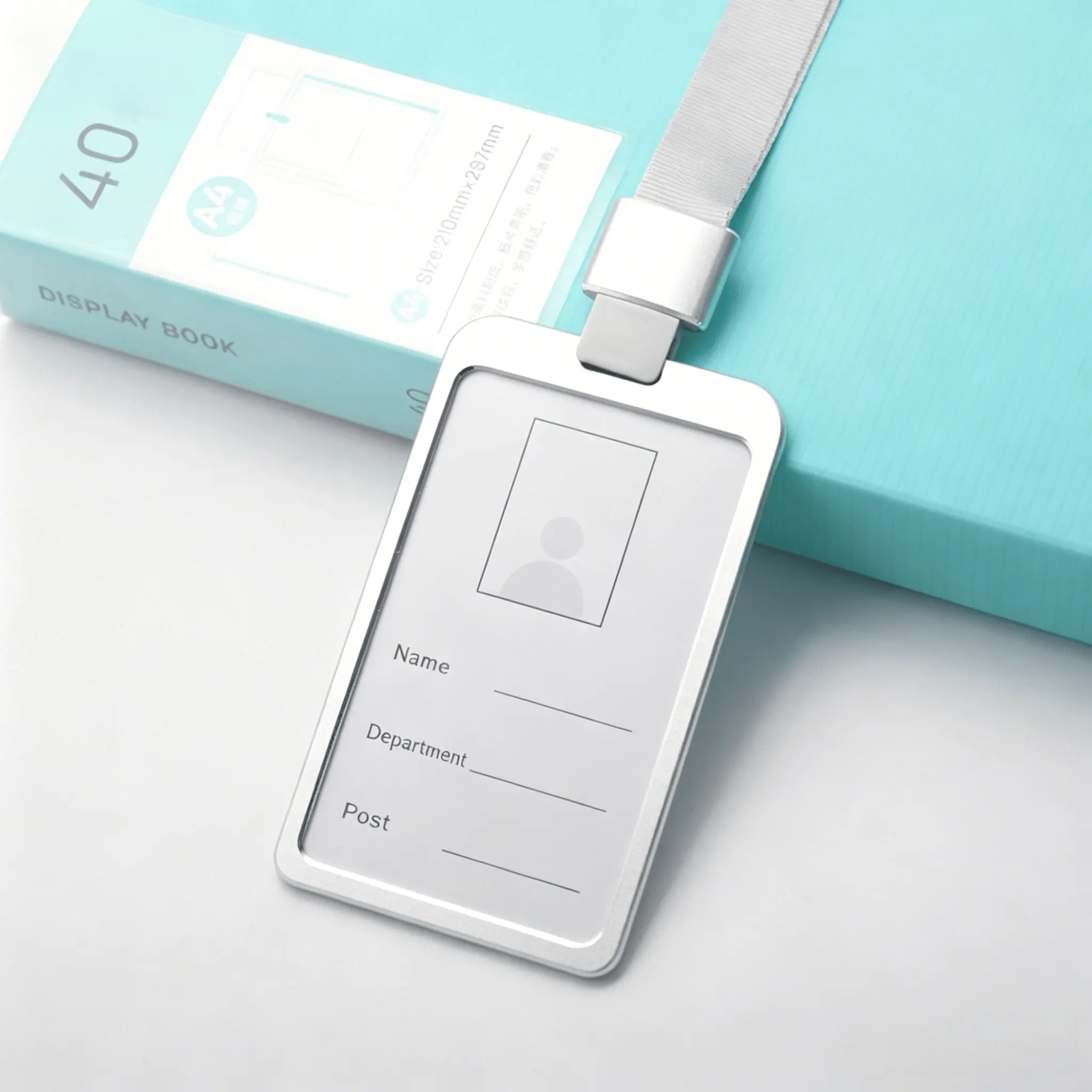 Custom grey vertical metal ID card holder with lanyard, durable wholesale office supplies for factory production line security