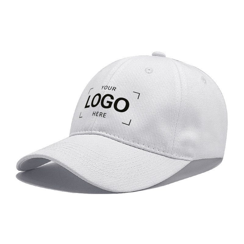 Custom white baseball cap with personalized logo embroidery placement, wholesale promotional cotton headwear for corporate branding and bulk team uniforms