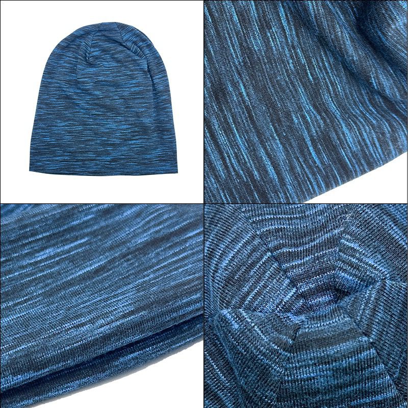 Close-up detail of navy blue custom knit beanie fabric texture, wholesale promotional winter hats with soft acrylic material for bulk corporate gifts