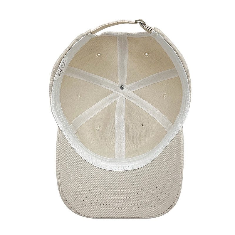 Back view of beige custom baseball cap showing adjustable strap closure and interior structure, wholesale promotional hats with metal buckle for bulk orders
