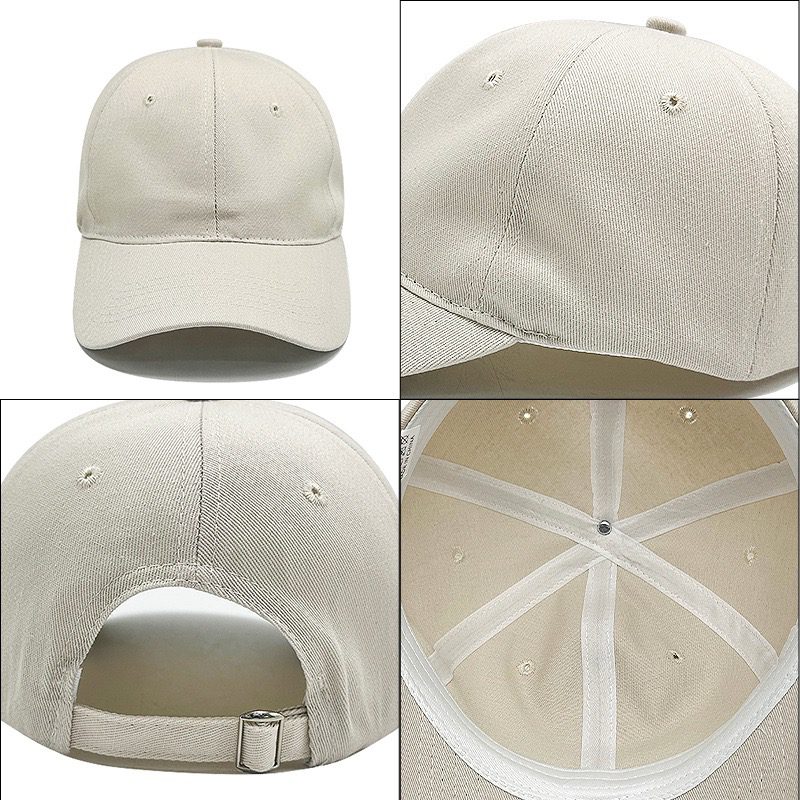 Close-up fabric texture detail of beige custom baseball cap, wholesale promotional headwear with breathable cotton material for bulk corporate branding