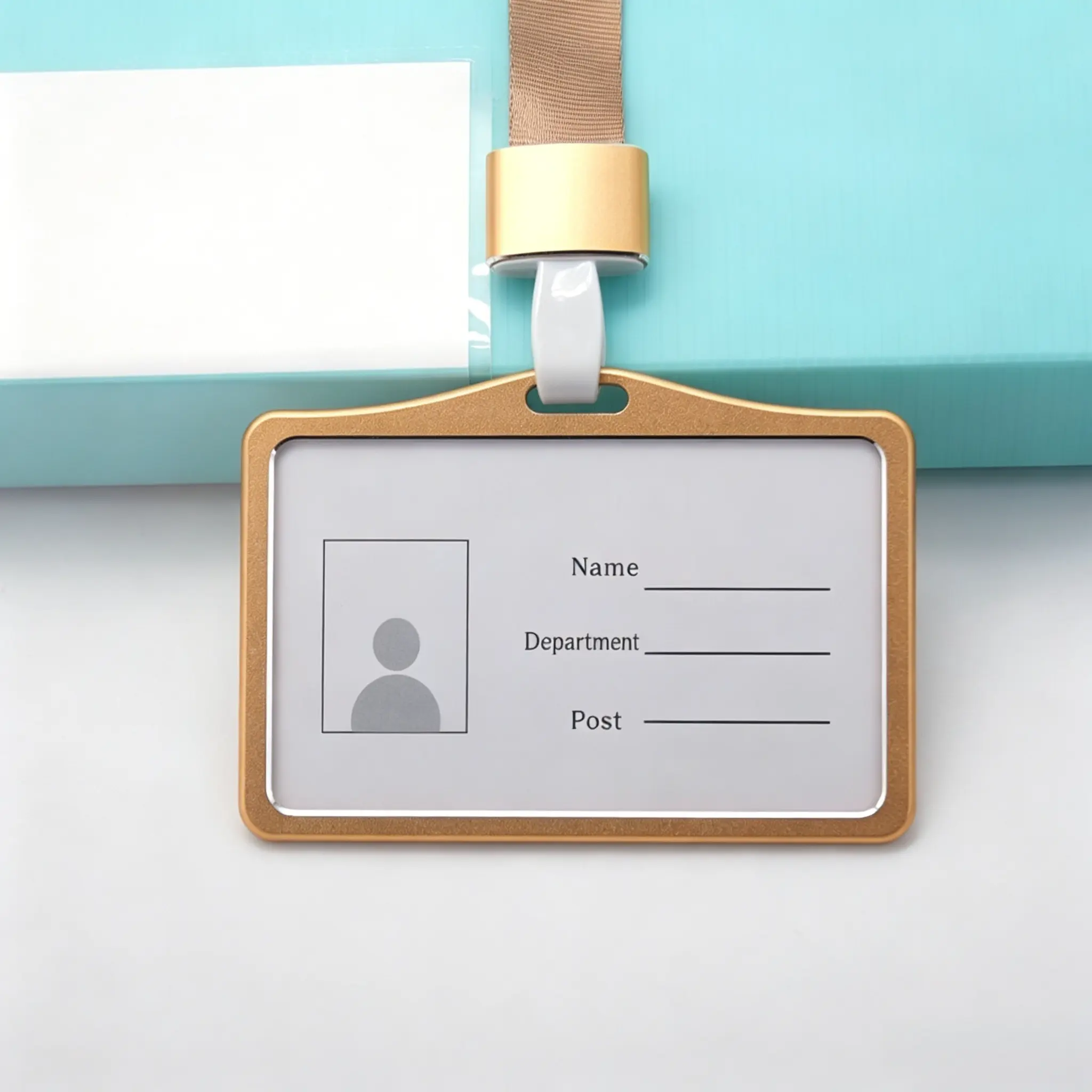 Custom gold horizontal metal ID card holder with lanyard, premium corporate badge holder for factory production line management events