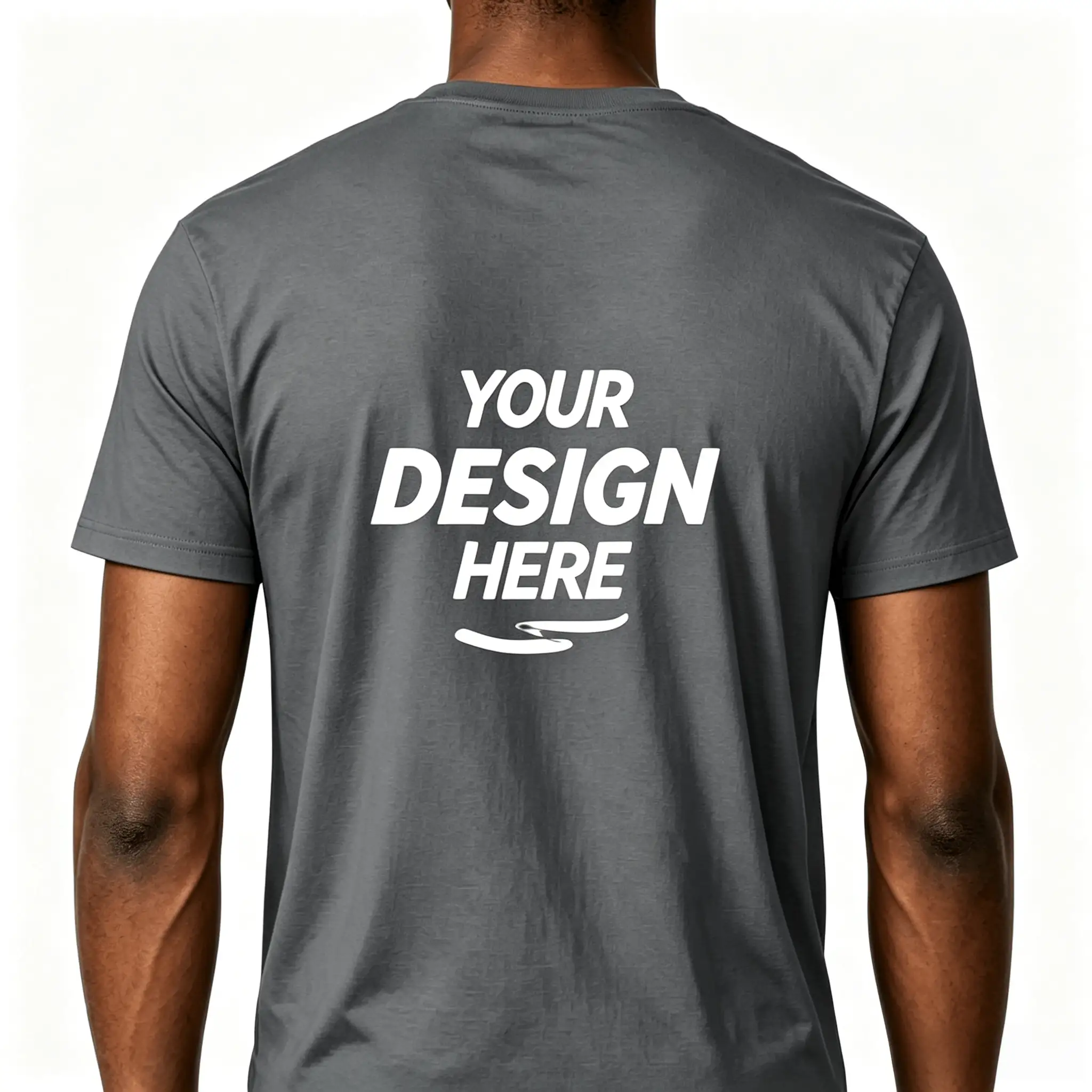 Back view of men's 180gsm pure cotton European size t-shirt in dark grey. Classic fit heavyweight blank tee showing rear silhouette and balanced shoulder drop.