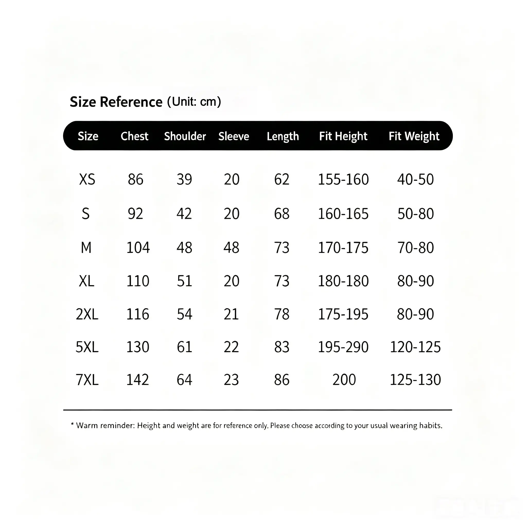 European size chart for 180gsm pure cotton men's t-shirt. Measurements from XS to 7XL including chest, shoulder, sleeve, length, fit height and weight reference.