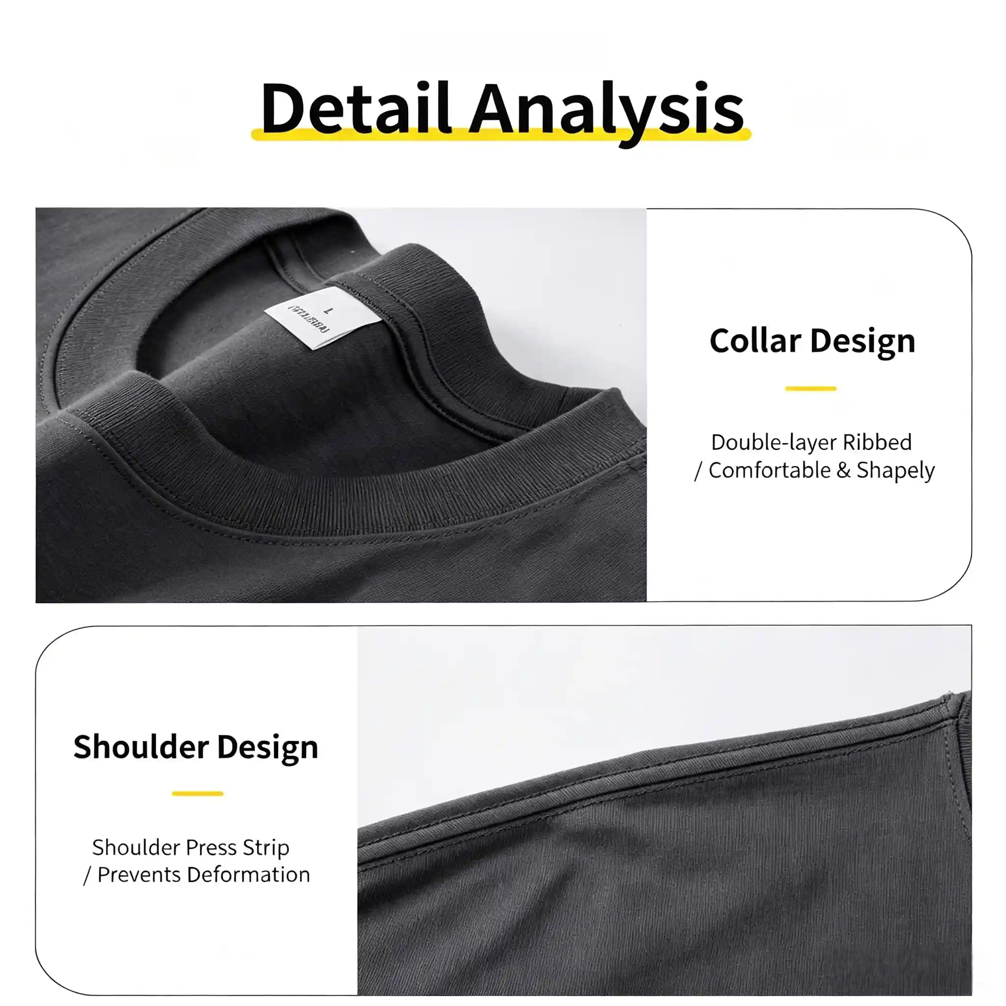Fine cuff cutting and neat double-needle hem stitching on 180gsm pure cotton European size men's t-shirt. Exquisite workmanship detail close-up.