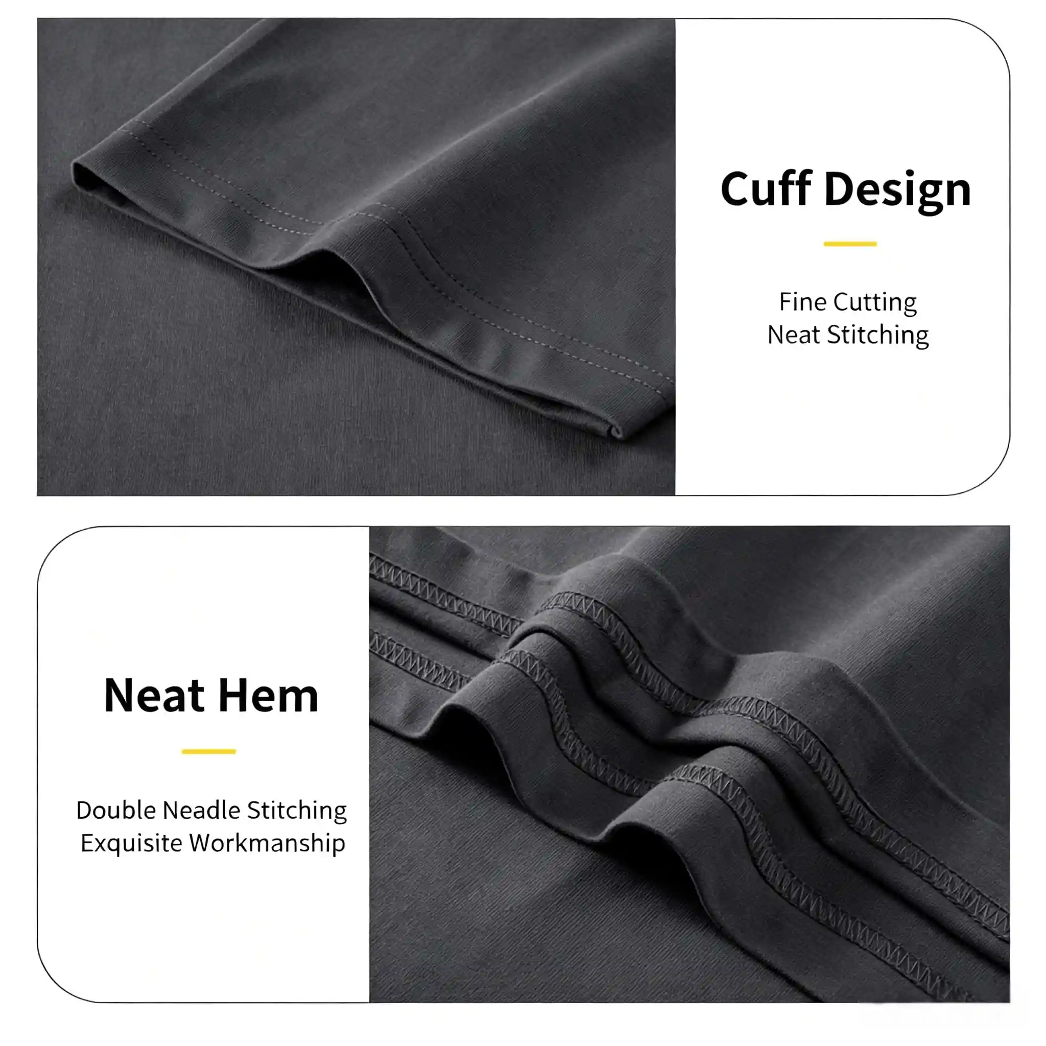 Close-up of double-layer ribbed collar and shoulder press strip on 180gsm pure cotton European size men's t-shirt. Anti-deformation construction detail.