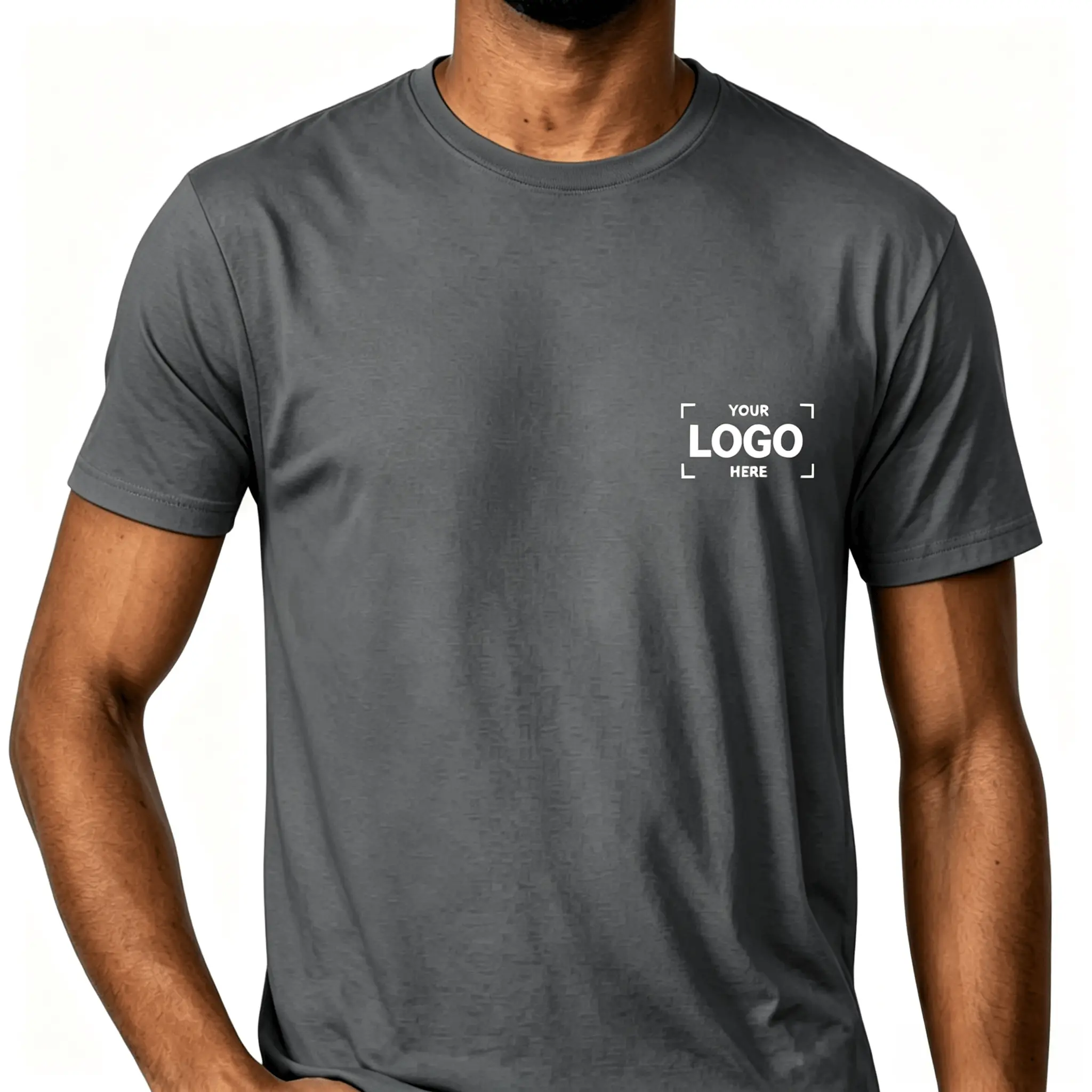 Front view of 180gsm pure cotton European size men's t-shirt showing left chest logo placement area. Dark grey heavyweight blank tee with custom print ready position.