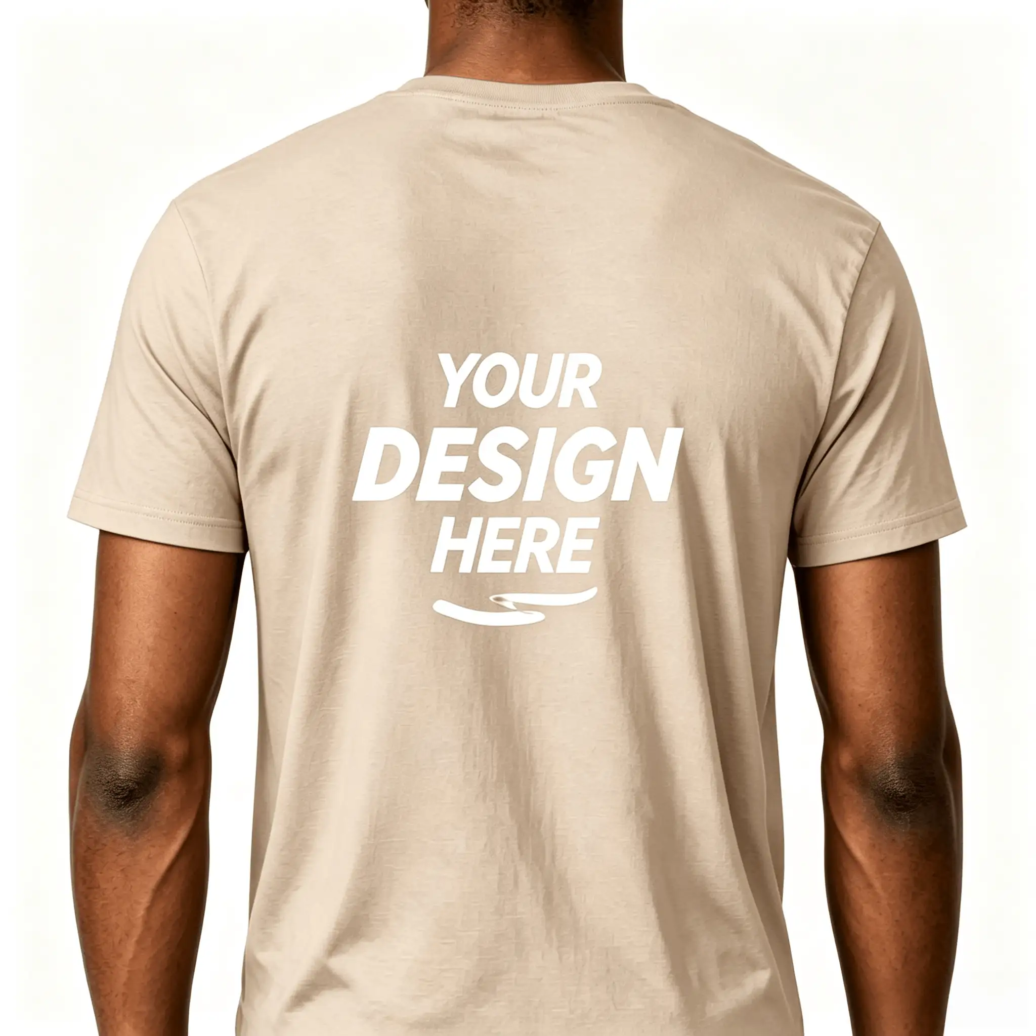 Back view of sand beige 180gsm pure cotton European size men's t-shirt showing large back print area. Custom design ready heavyweight blank tee.