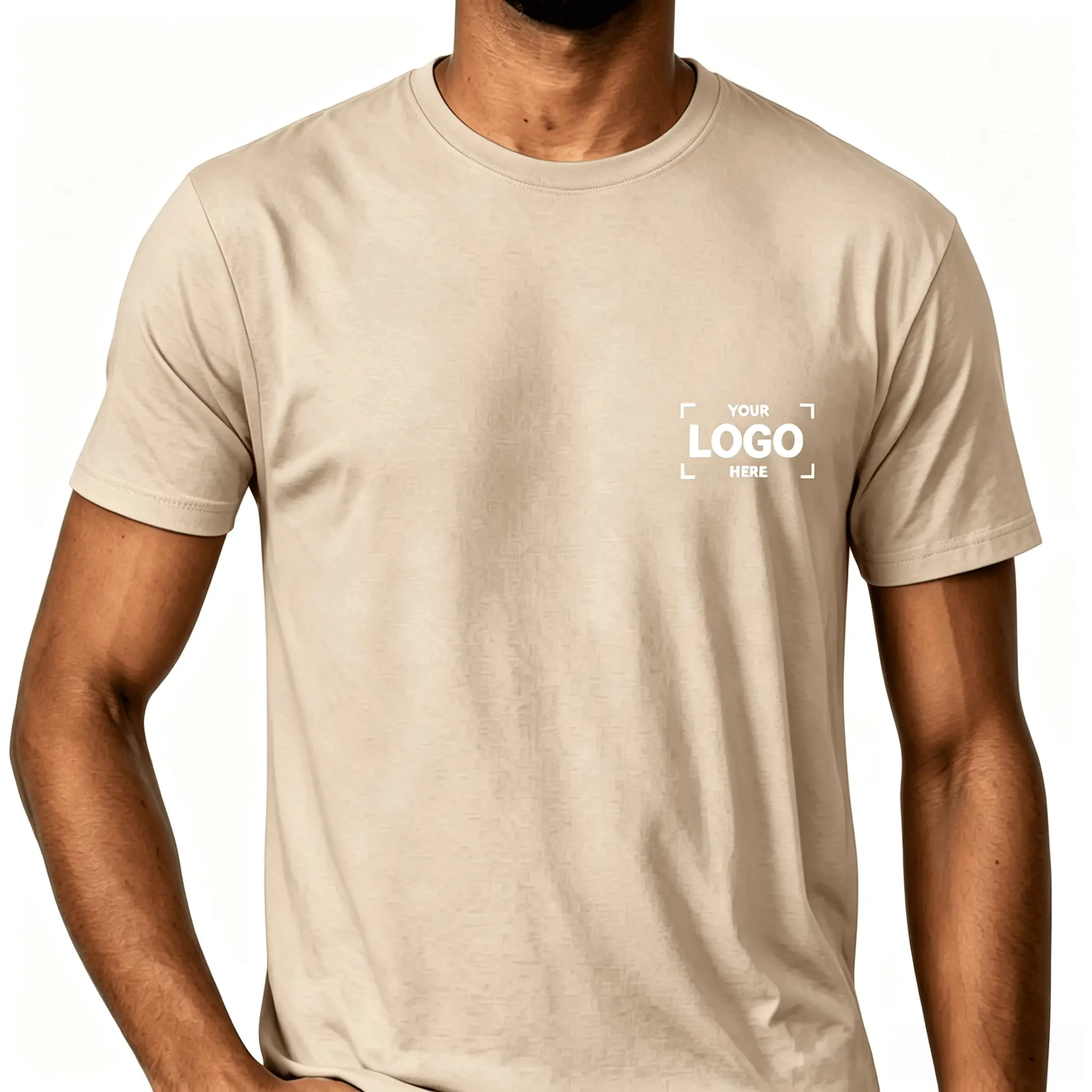 Sand beige 180gsm pure cotton European size men's t-shirt front view showing left chest logo placement area. Custom print ready heavyweight blank tee.