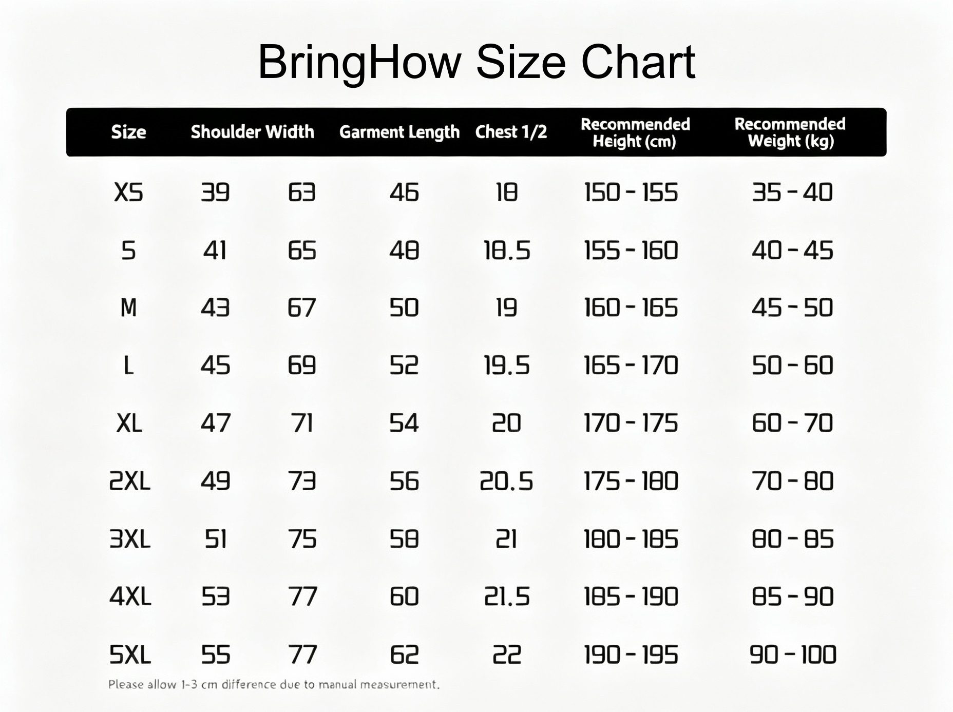 bringhow 240gsm heavy cotton t shirt standard size chart xs to 5xl shoulder chest length measurement guide for bulk custom apparel