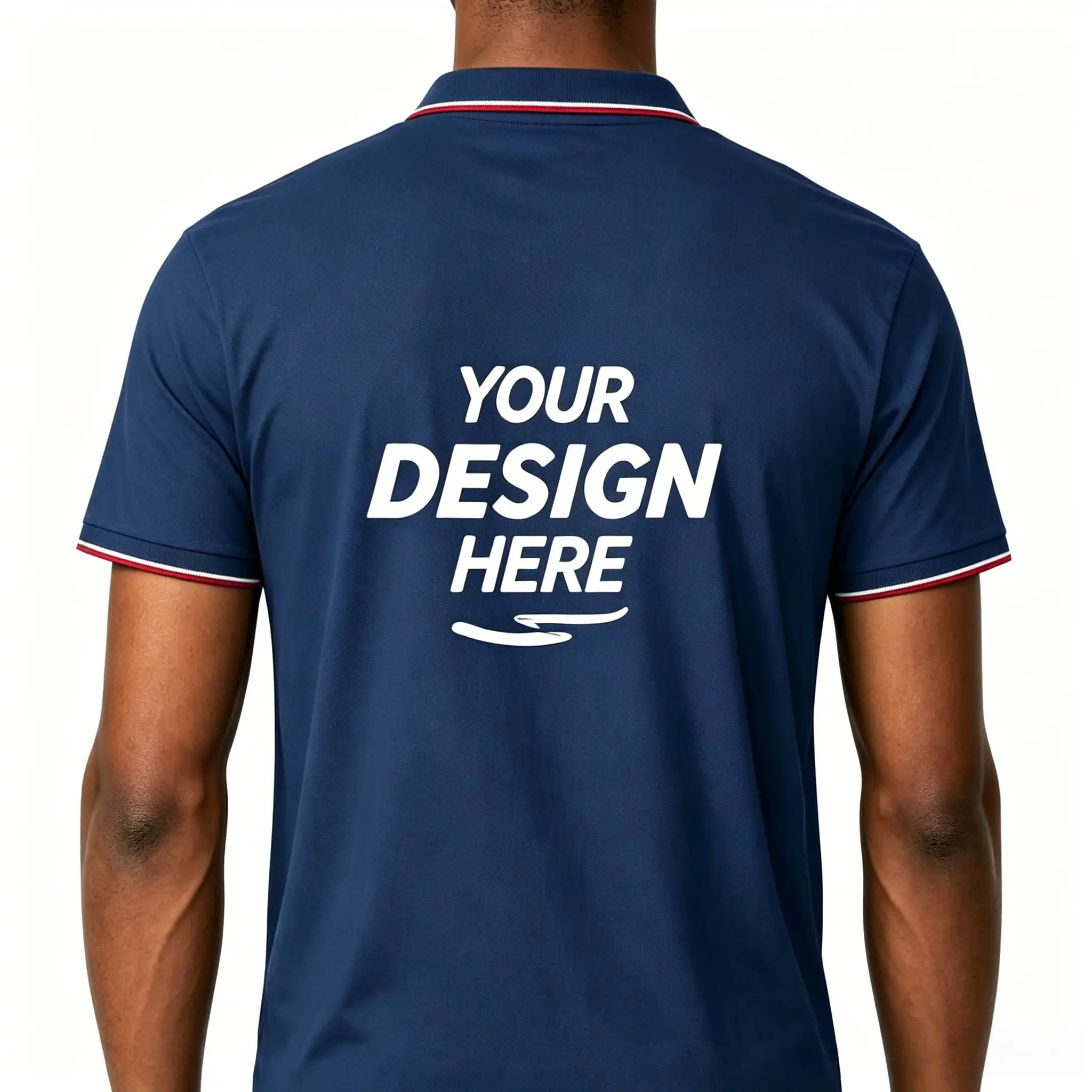 Back view of navy blue polyester polo shirt showing large custom design print area, striped collar and cuffs, men's team uniform with back logo placement.