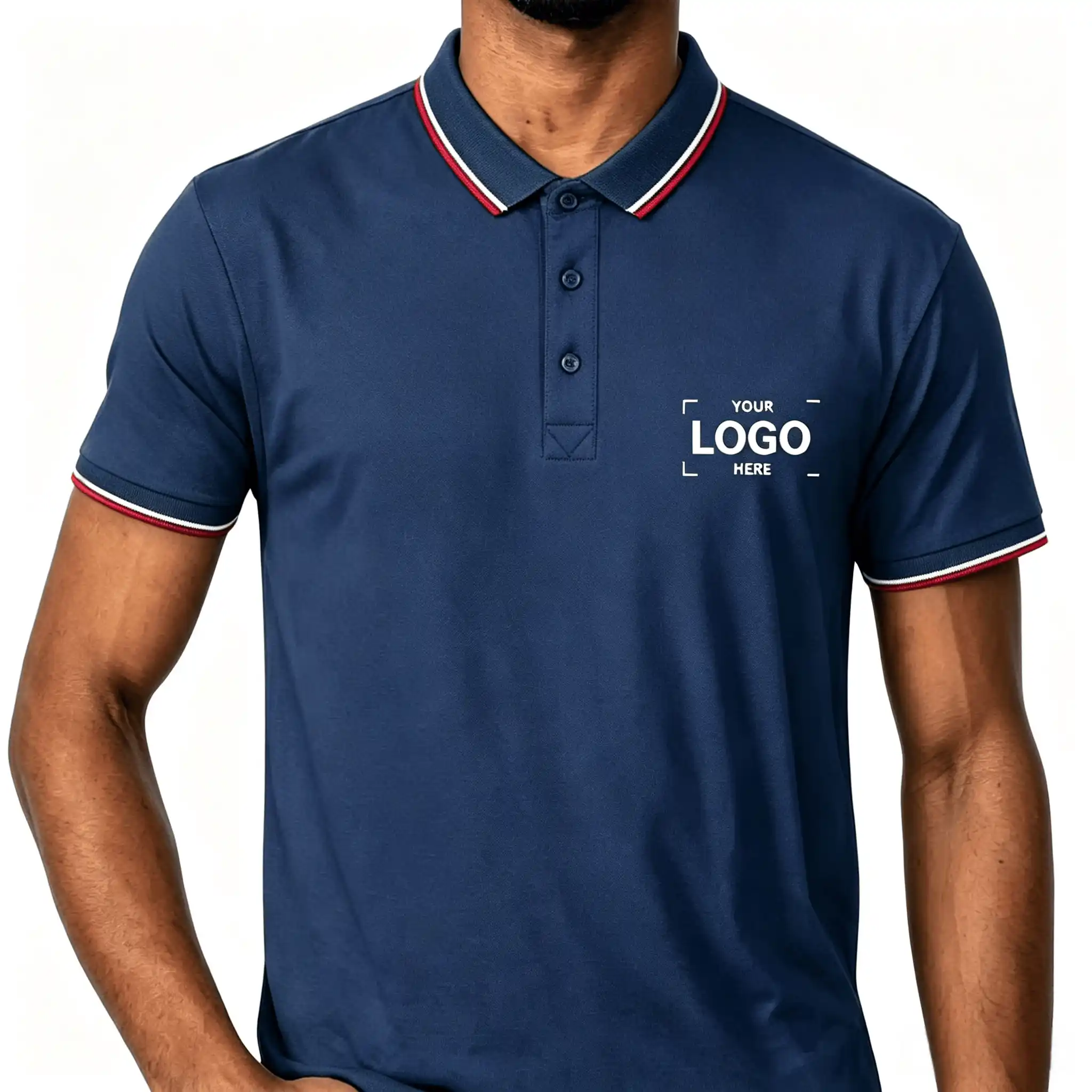 Front view of navy blue polyester polo shirt with red and white striped collar and cuffs, showing left chest custom logo placement area, men's team uniform.