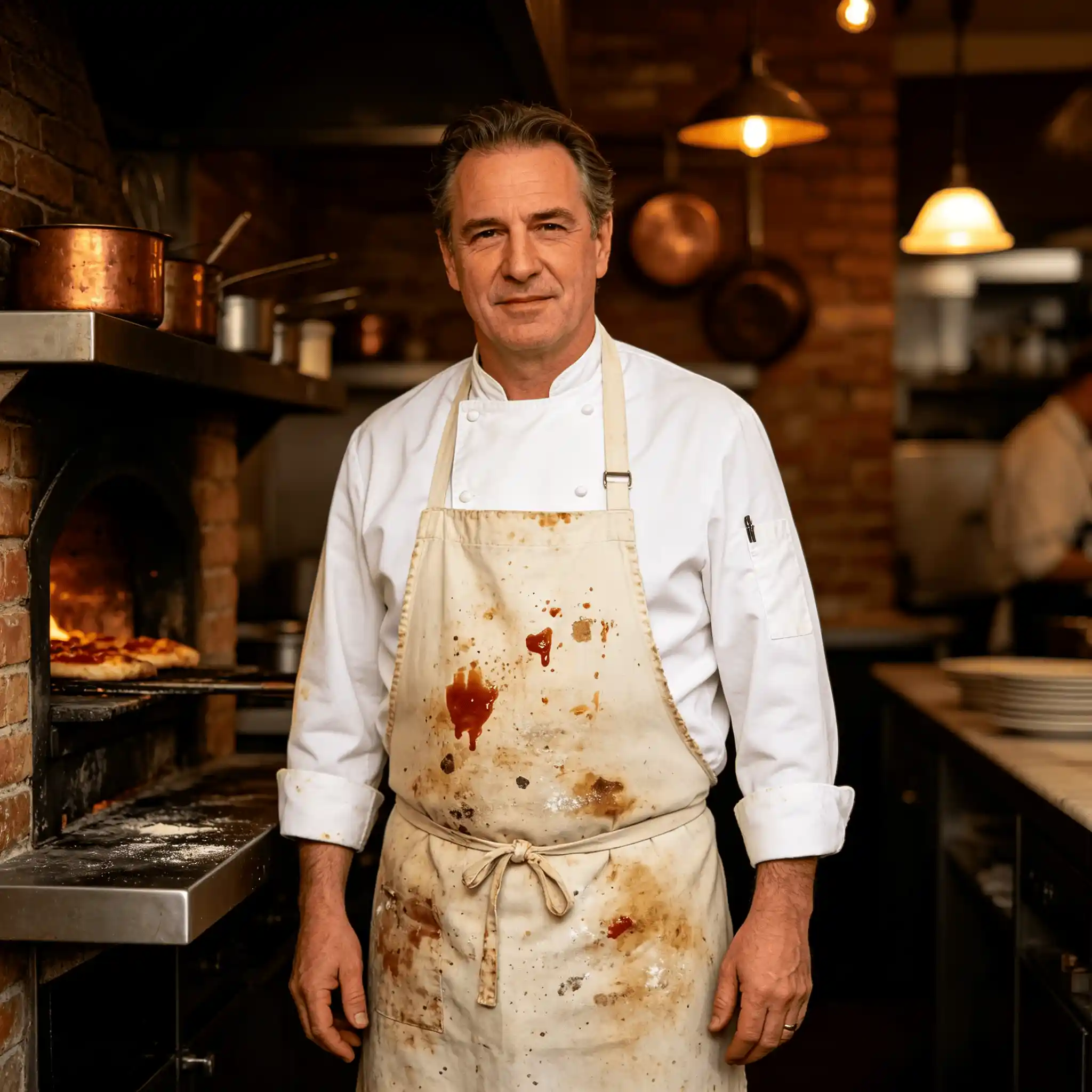 1:1 square portrait of professional chef with stained heavy-duty custom apron in rustic pizza restaurant kitchen, tomato grease flour stains show real commercial kitchen wear, ideal custom work apron for restaurants coffee shops bakeries guide