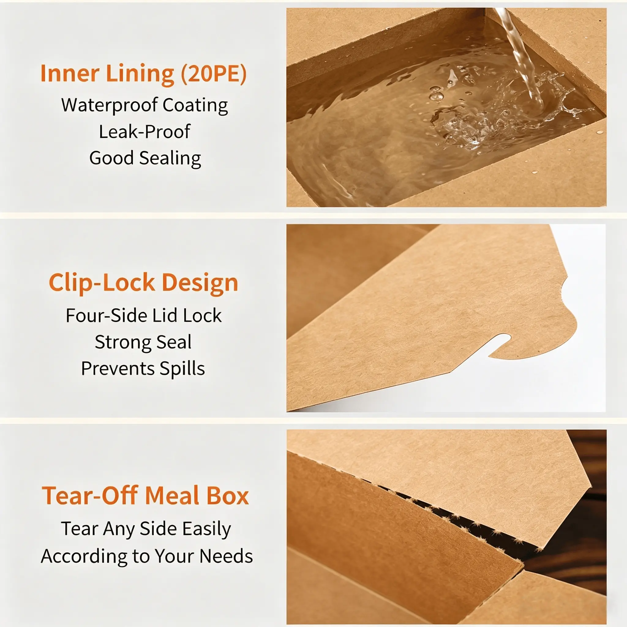 disposable kraft paper meal box 20pe waterproof lining clip lock seal tear off design leak proof takeout delivery box
