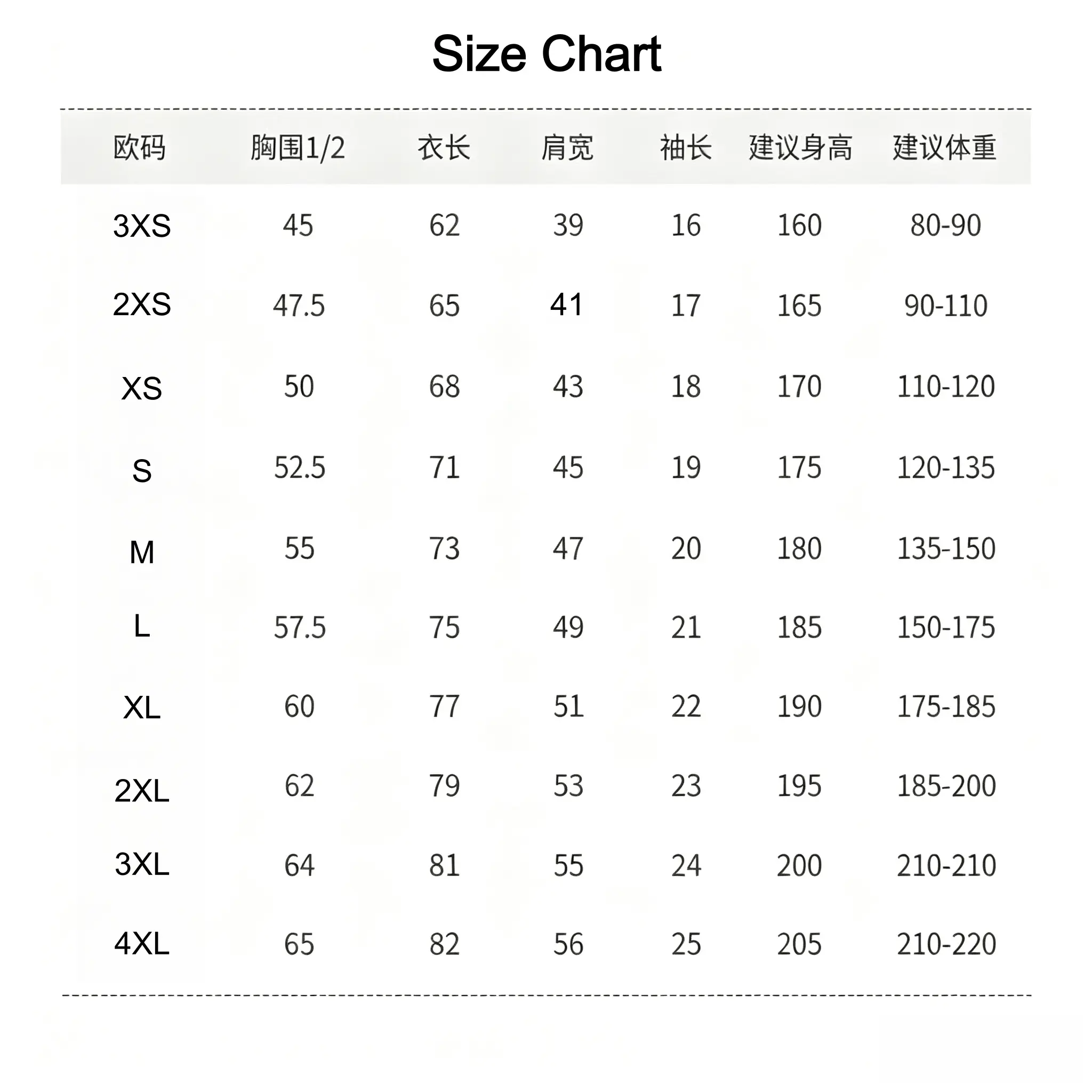 polyester custom polo shirt full size chart 3XS to 4XL eu measurement guide shoulder chest length height weight reference table