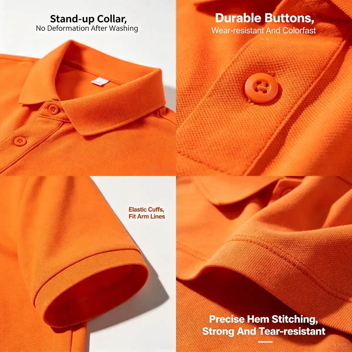 Polyester polo shirt craftsmanship details showing stand-up collar, durable colorfast buttons, elastic ribbed cuffs, and reinforced double-needle hem stitching.