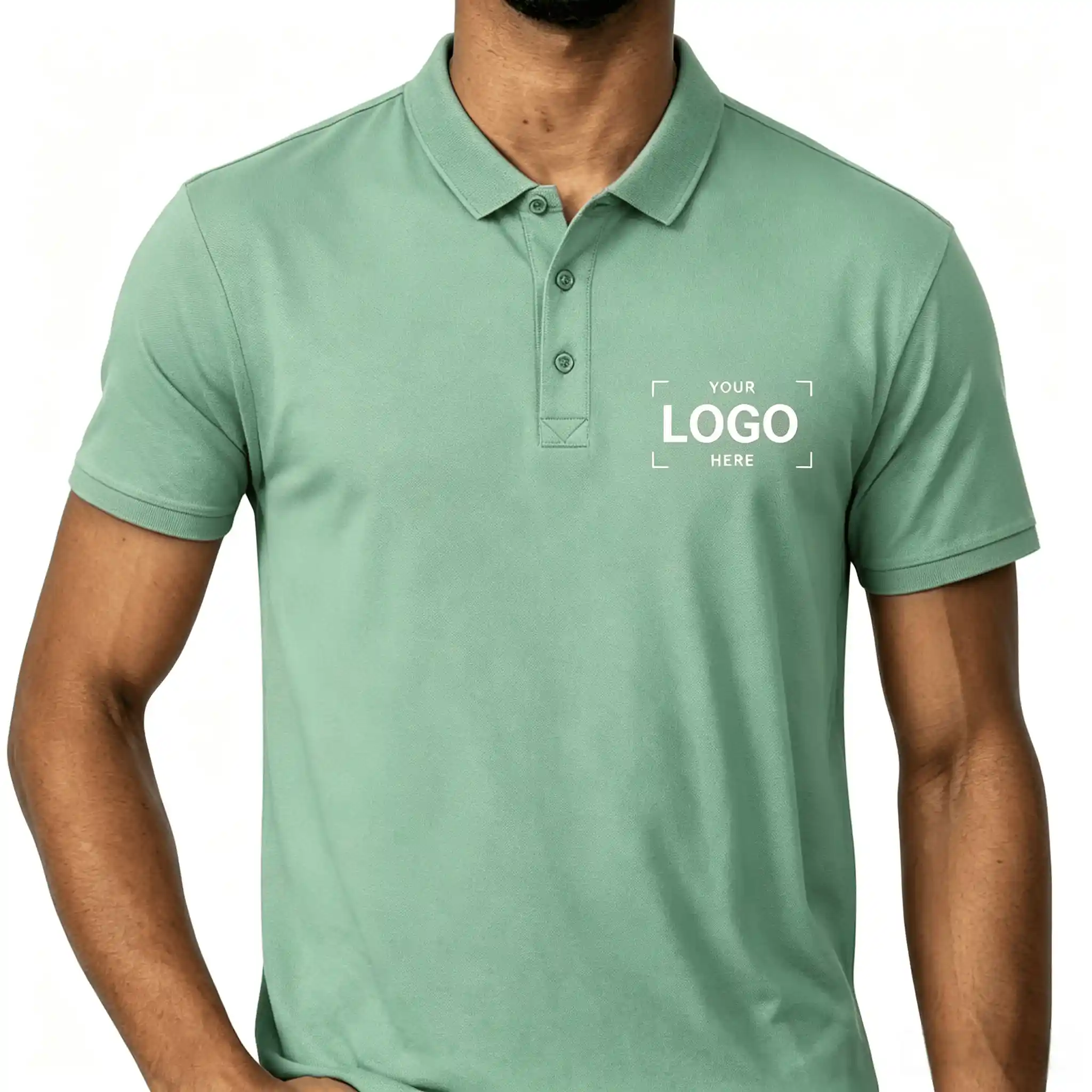 sage green muted polyester custom blank polo shirt logo mockup bulk salon wellness staff uniform polo