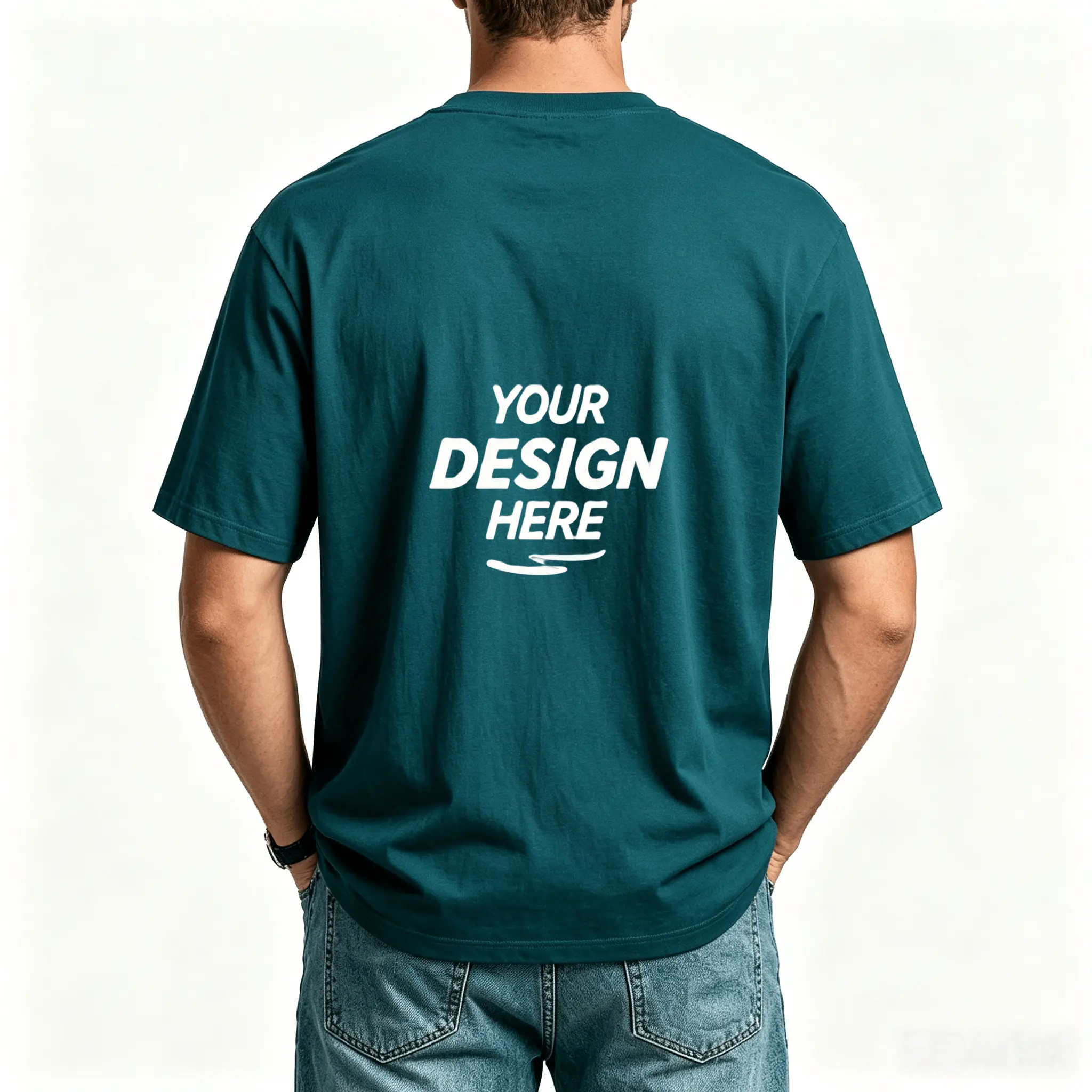 teal 240gsm heavy cotton custom t shirt back full print design mockup event team promotional tee bulk