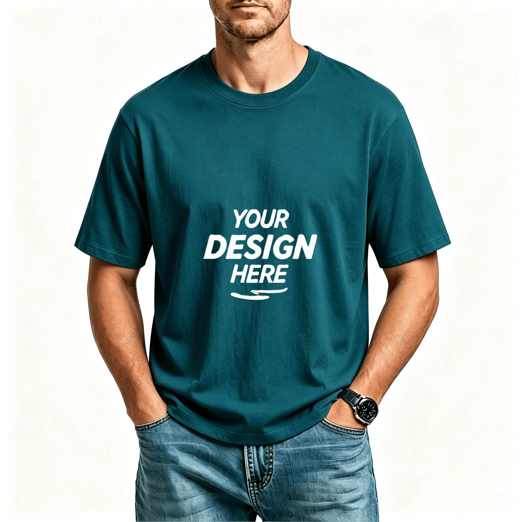 teal 240gsm heavy cotton custom mens t shirt blank mockup for corporate branded logo printing bulk wholesale
