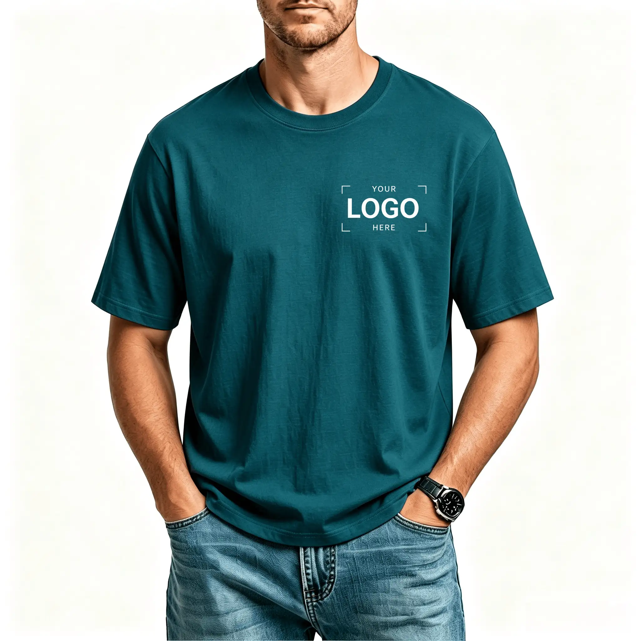 teal 240gsm heavy cotton custom t shirt left chest logo mockup corporate staff uniform bulk wholesale