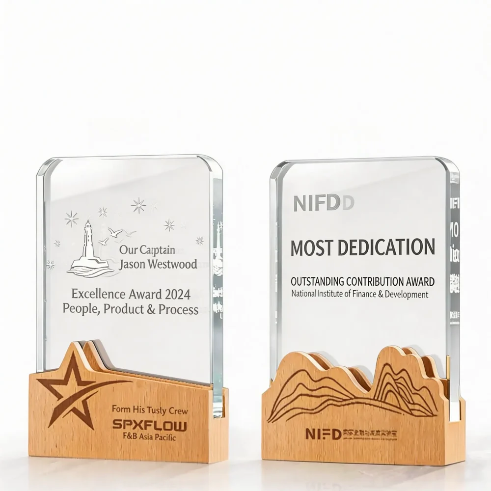 Custom crystal trophies with wood bases featuring engraved dedication and excellence awards, wholesale personalized recognition plaques for corporate and team appreciation bulk orders