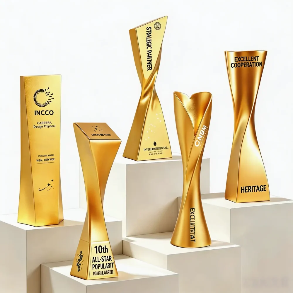 Custom gold resin trophy collection with various designs, wholesale personalized corporate awards for excellent cooperation, senior partner, and all-star recognition bulk orders