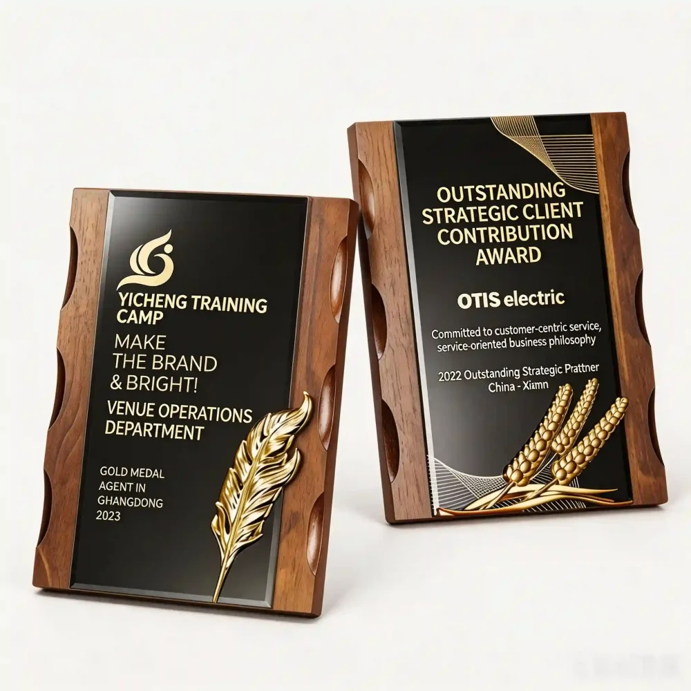 Custom wood base acrylic trophy awards with engraved corporate logos, wholesale personalized recognition plaques for business excellence and employee appreciation