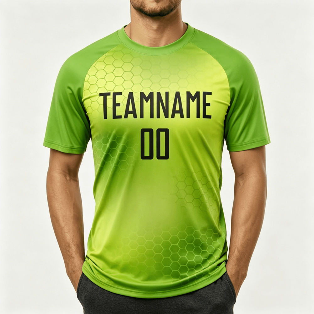 Custom sublimation team jersey green honeycomb gradient pattern front view with personalized TEAMNAME and number 00, breathable athletic sportswear wholesale
