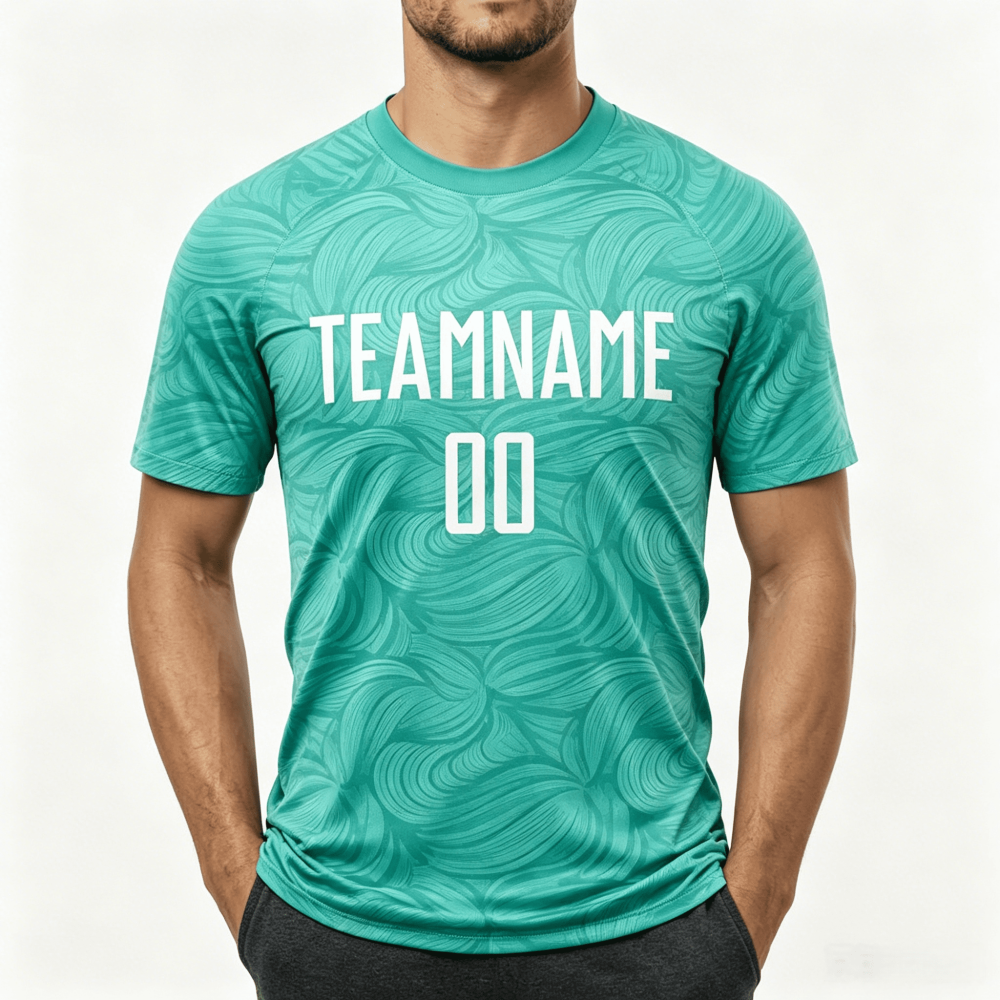 Custom sublimation team jersey teal green swirl pattern front view with personalized TEAMNAME and number 00, breathable athletic sportswear wholesale