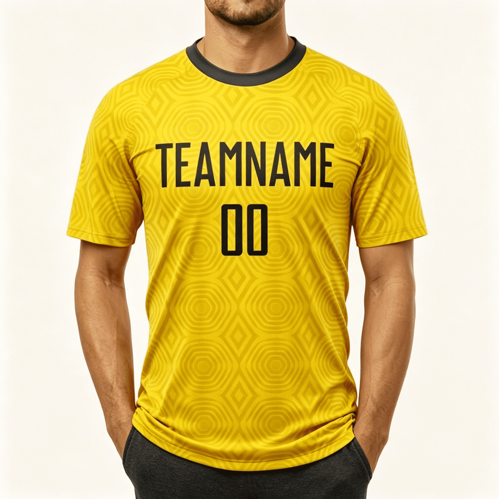 Custom yellow sublimated team jersey with "TEAMNAME" and number 00, wholesale promotional sports apparel for bulk orders