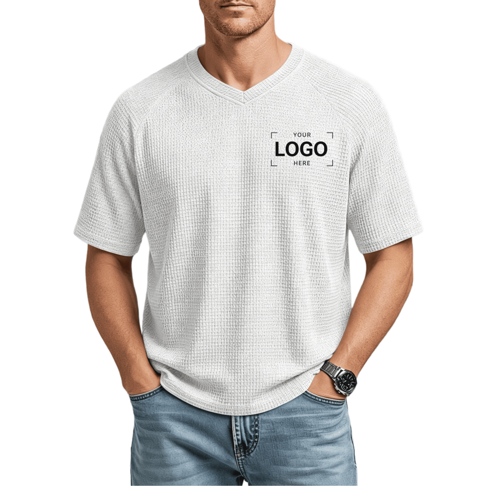 Personalized left chest logo mens waffle v neck polyester tee sample, Custom Promotional Gifts, Wholesale Accessories, Factory Direct Sourcing