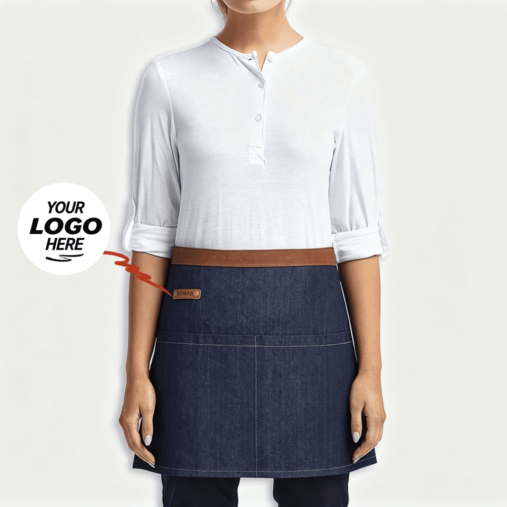 Custom dark navy apron with white long-sleeve shirt uniform set, wholesale promotional hospitality workwear with logo embroidery for bulk restaurant and cafe staff
